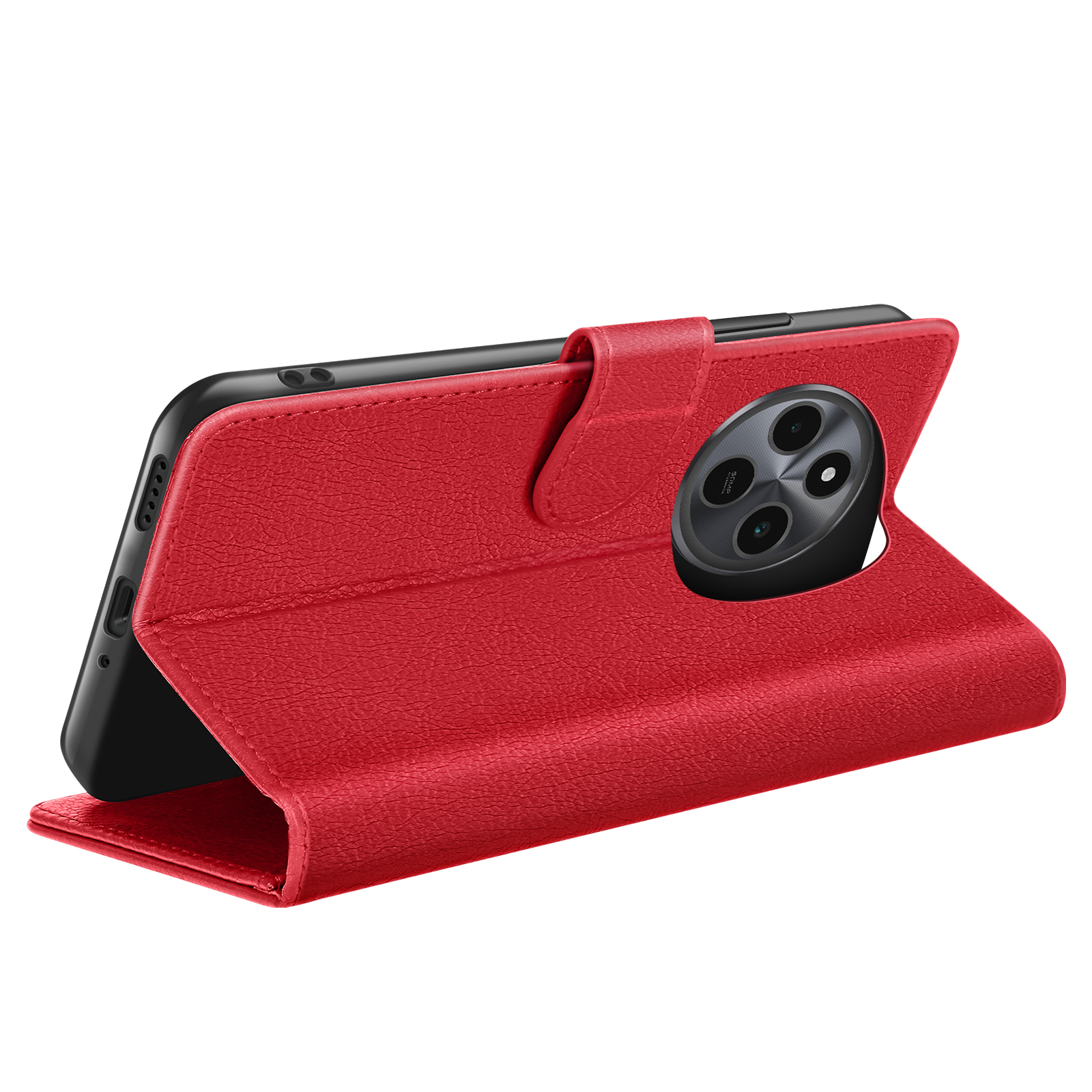 Un étui de téléphone rouge avec un téléphone à l'intérieur est affiché. L'étui est ouvert et a une texture en cuir. Le téléphone a plusieurs caméras.