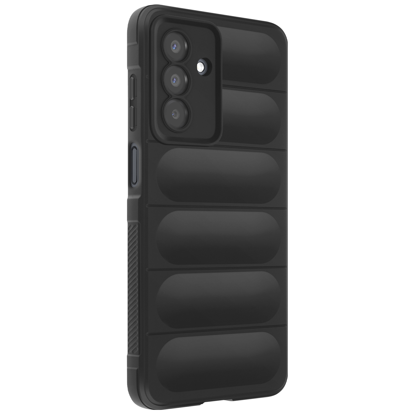 Custodia nera per telefono con design trapuntato. Presenta lenti della fotocamera e pulsanti.