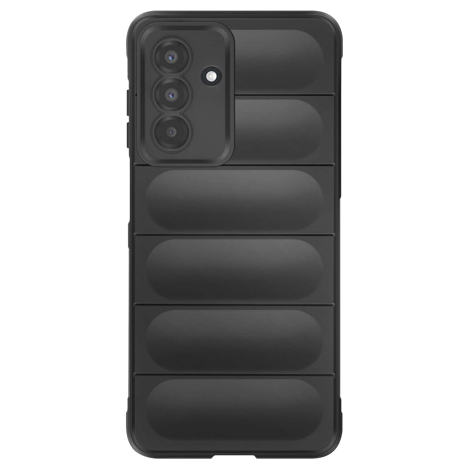 Una custodia per telefono nera con un design trapuntato strutturato. Ha un modulo fotocamera con tre lenti.