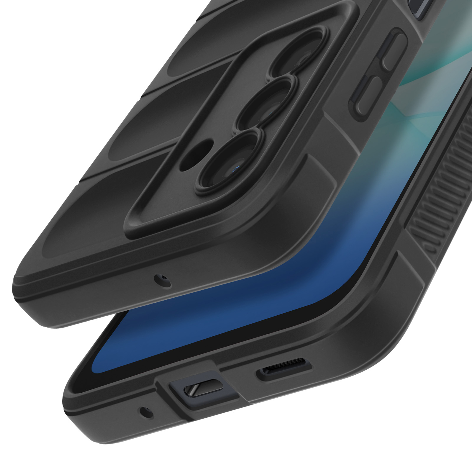 Una custodia nera per telefono è parzialmente aperta, rivelando lo schermo. La custodia ha un design strutturato con aperture per la fotocamera.