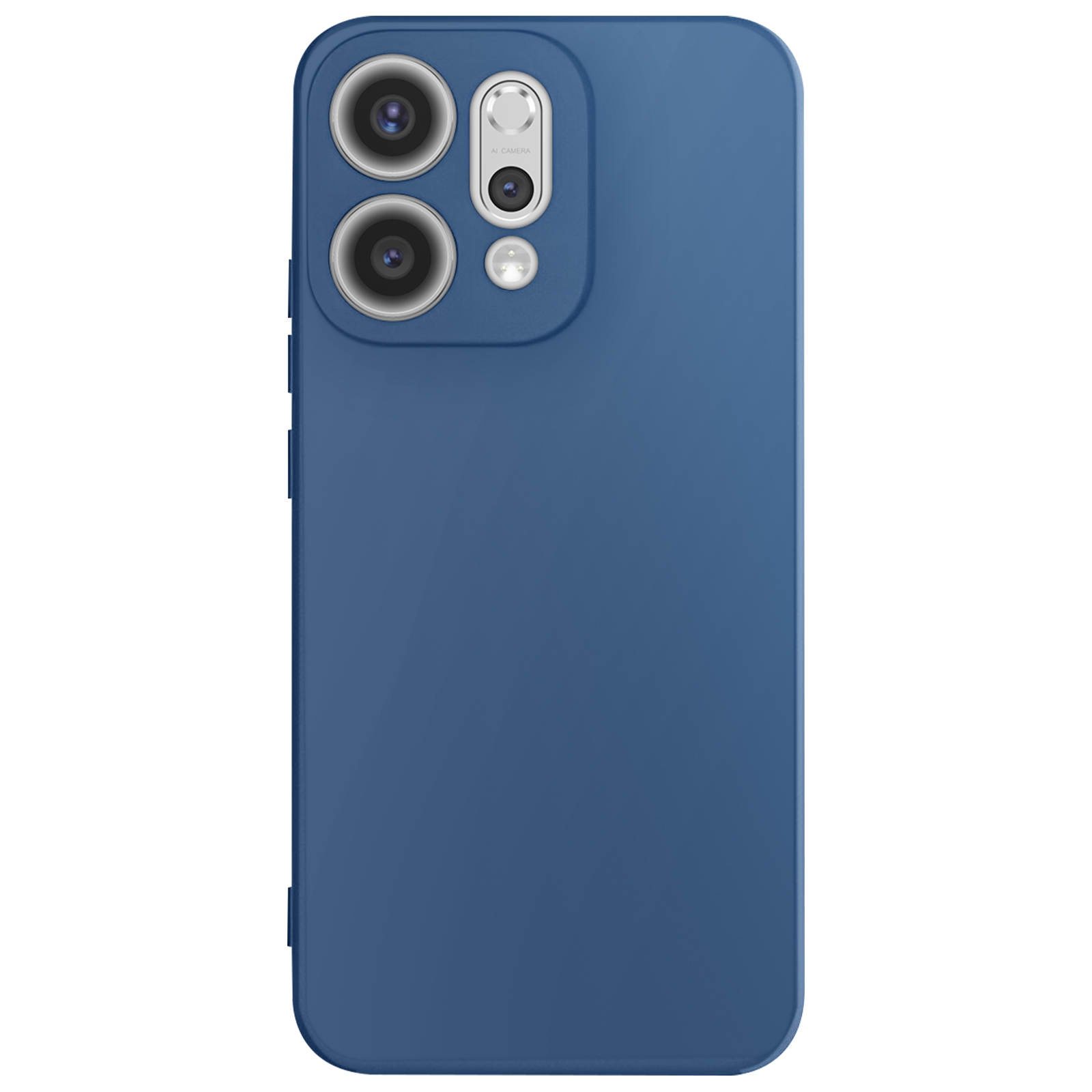 Een blauwe telefoonhoes. Het heeft een cameragedeelte met drie lenzen en een flitser. De hoes is glad.