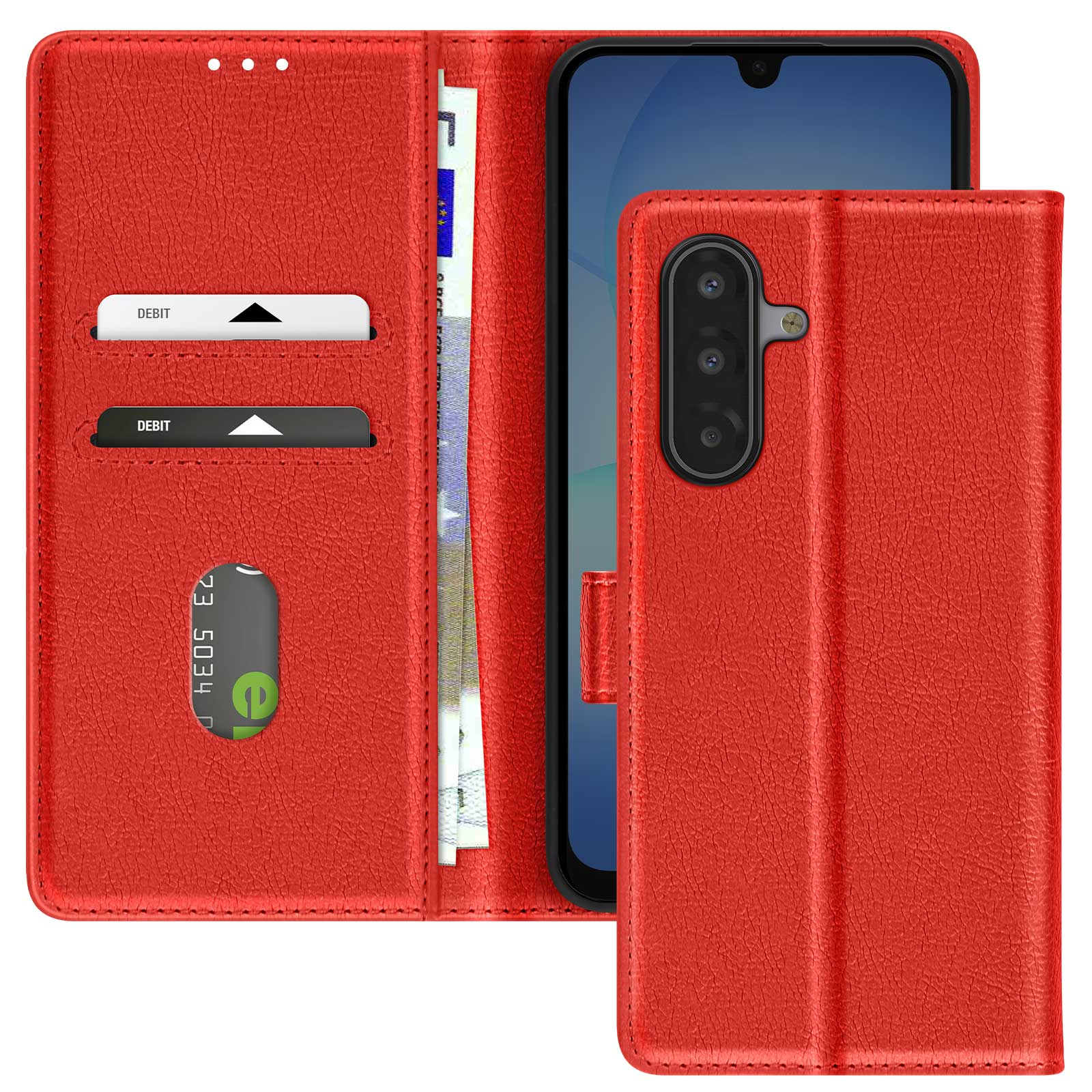 Custodia per telefono rossa con telefono, carte di debito e denaro. La custodia è aperta, mostrando il telefono e gli slot per schede.