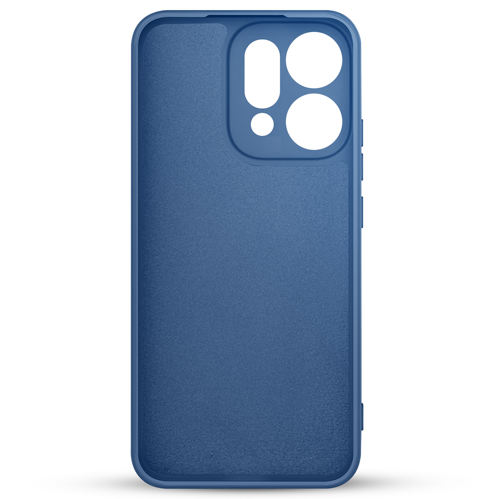Een blauwe telefoonhoes met uitsparingen voor de camera. Het staat op een witte achtergrond. De hoes heeft een getextureerd oppervlak.