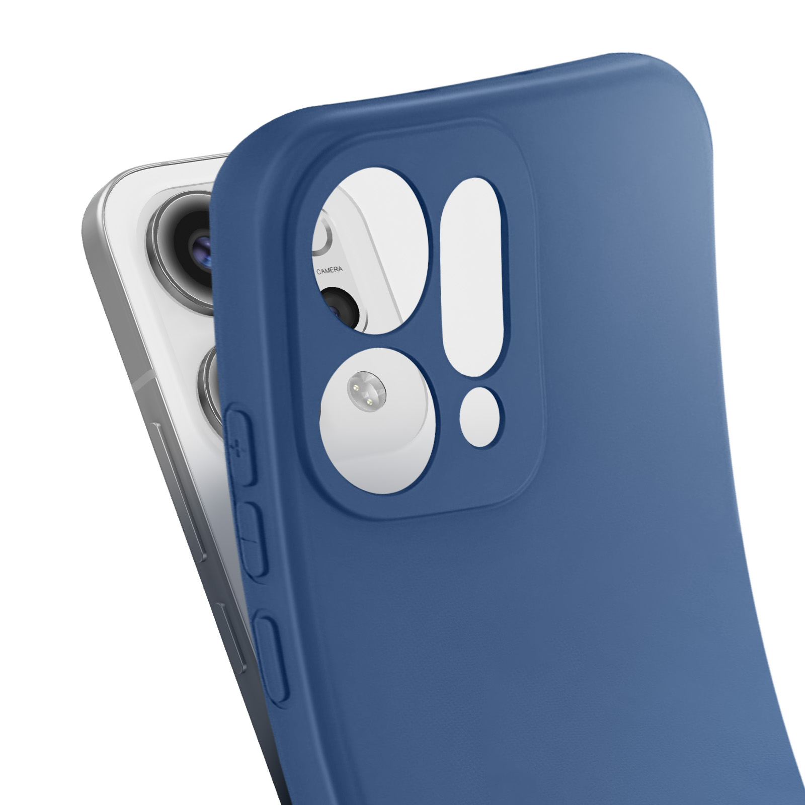 Een blauwe telefoonhoes bedekt gedeeltelijk een zilveren telefoon. De hoes heeft uitsparingen voor de camera en knopafdekkingen.
