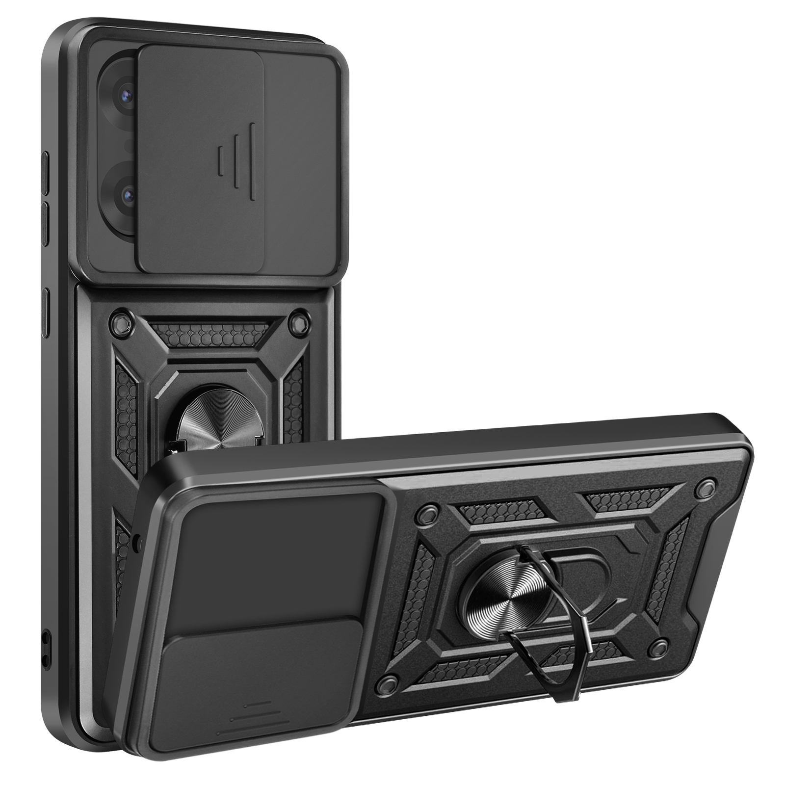 Coque de téléphone noire avec cache caméra et support de bague. Elle est partiellement ouverte, montrant son design.