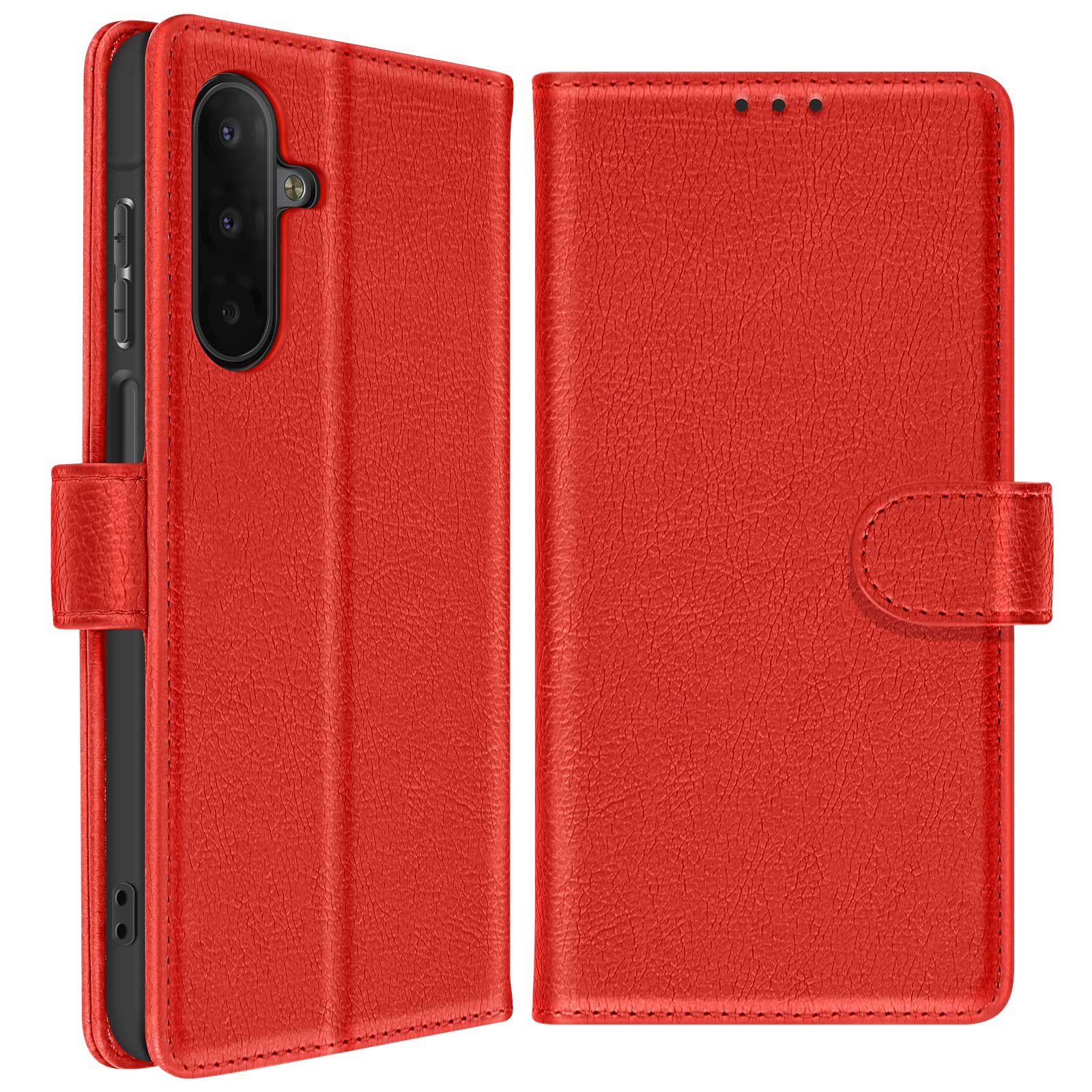 Custodia per telefono in pelle rossa, aperta. Il lato sinistro mostra il telefono. Il lato destro ha un bottone e tre fori.