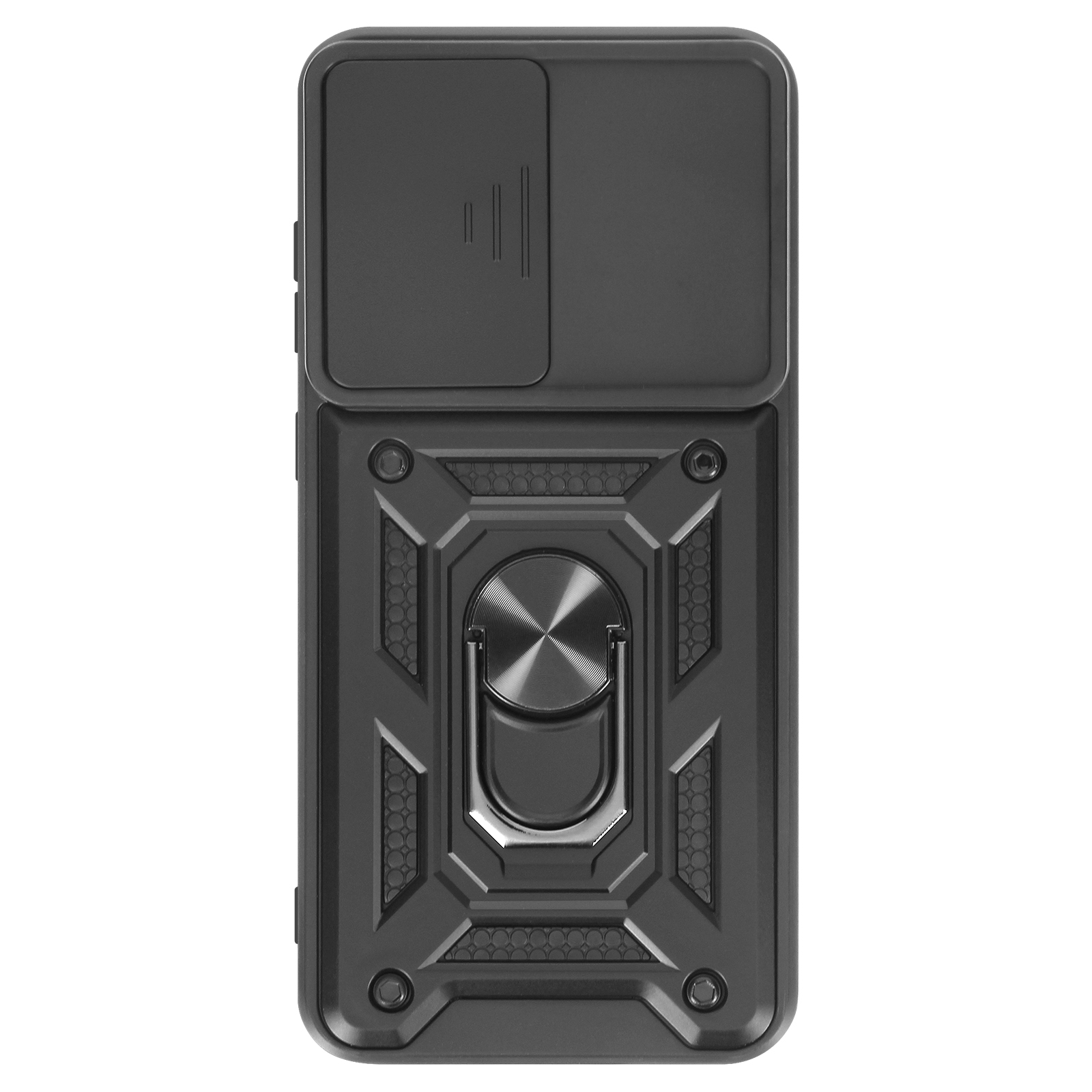 Coque de téléphone noire avec cache caméra coulissant, design géométrique et support d'anneau sur fond blanc.