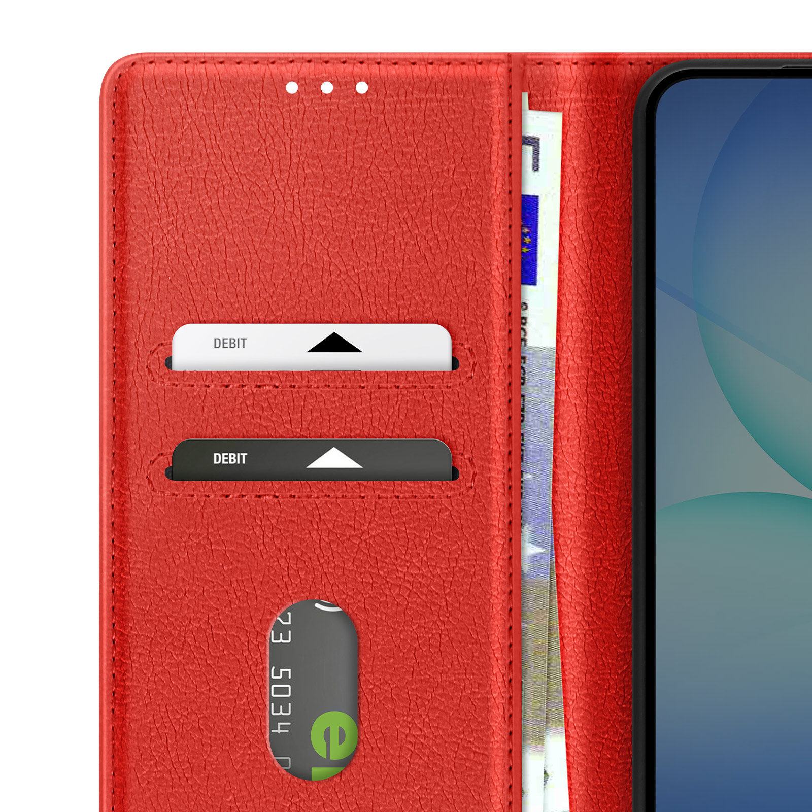Portafoglio rosso con carte di debito, una carta di credito e un telefono. Banconote in euro visibili.