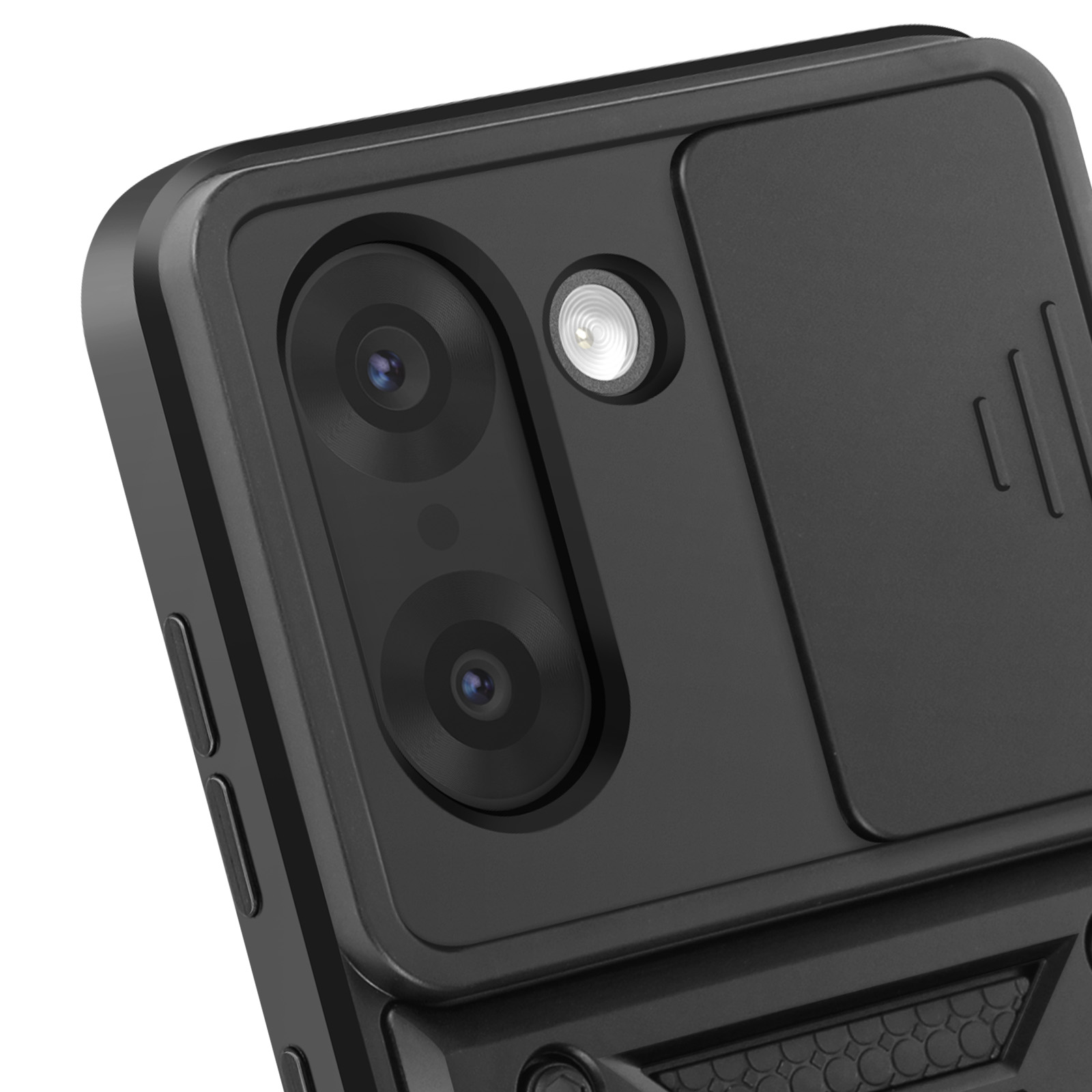 Gros plan sur une coque de téléphone noire avec objectifs de caméra, flash et cache coulissant. La coque est texturée.