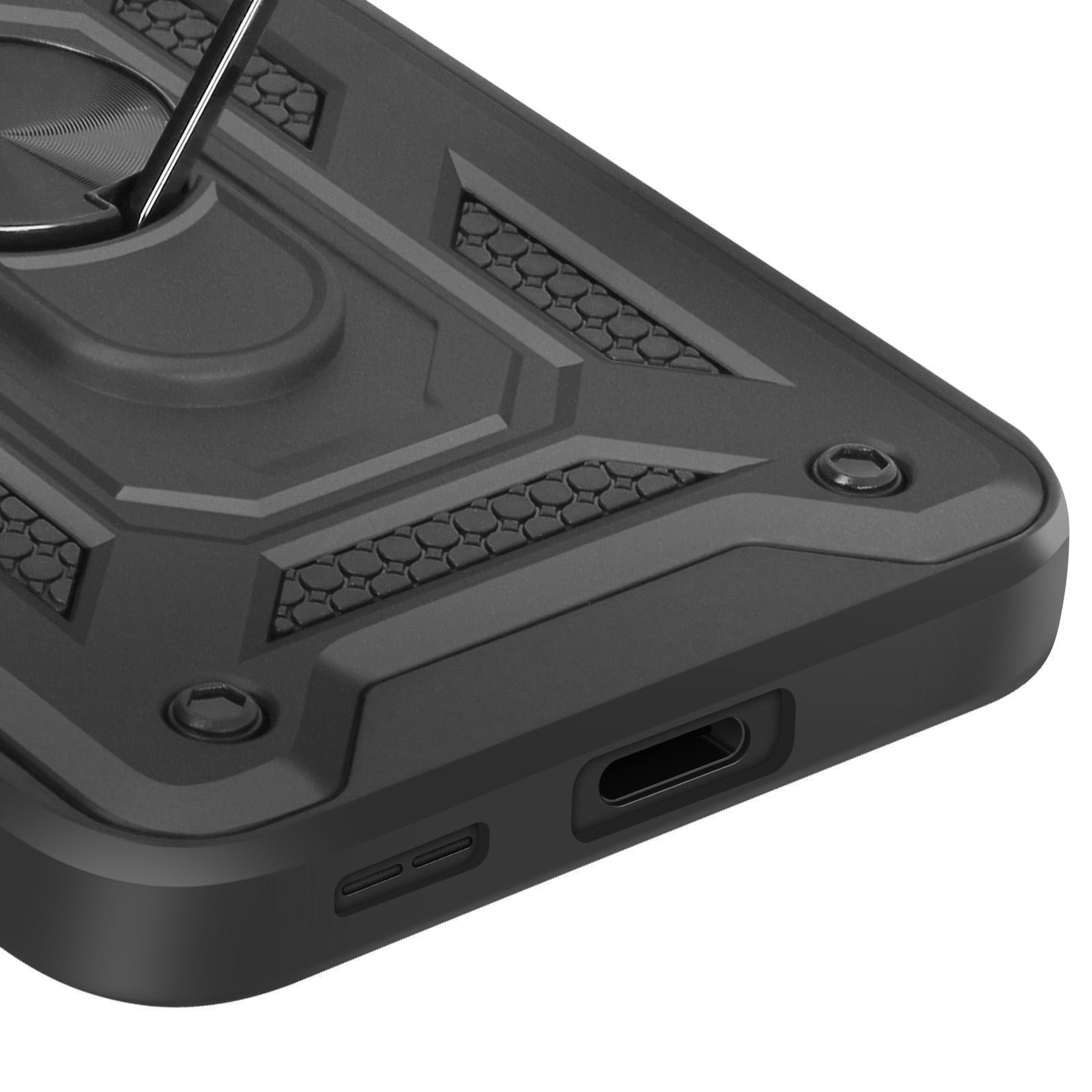 Coque de téléphone noire avec anneau, gros plan. Comprend un design texturé, un port et des détails de vis. Fond blanc.