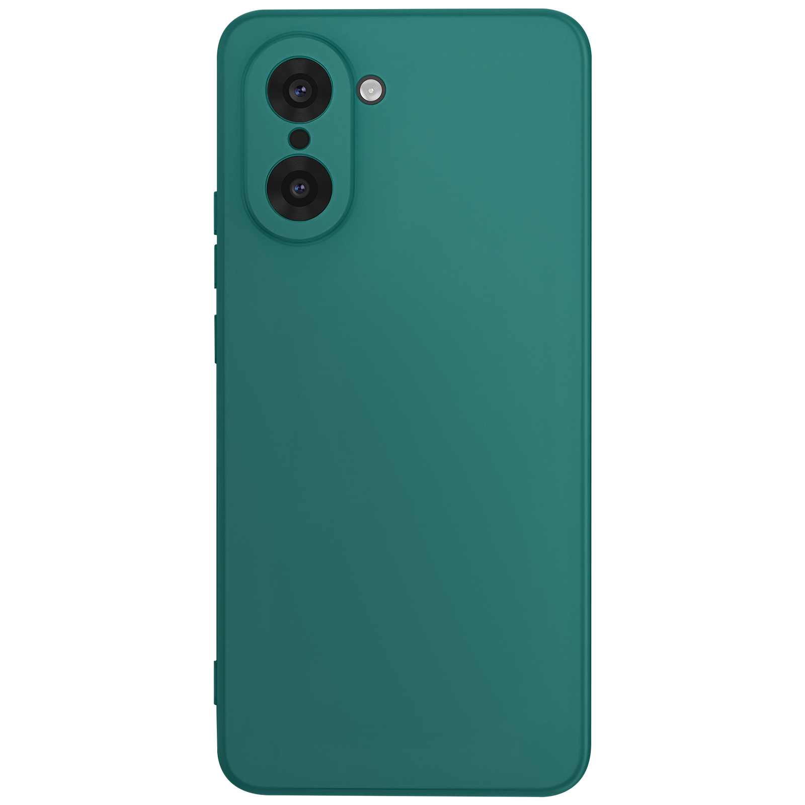 Een teal smartphone achterkant, met twee cameralenzen en een flitser. Het is een effen oppervlak.