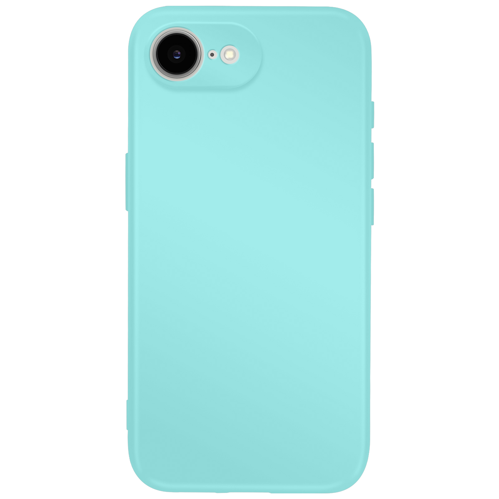 Une coque de téléphone bleu clair. Elle possède une caméra et un flash dans le coin supérieur gauche. La coque a des boutons de volume sur le côté droit.