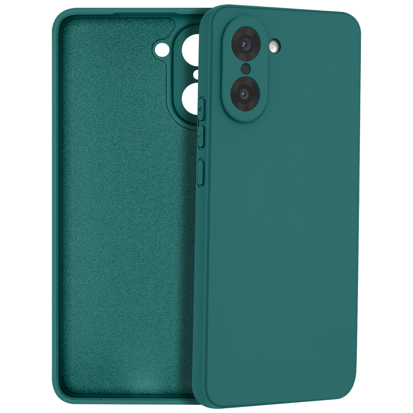 Tweedelige teal telefoonhoes, open. Eén deel heeft een interieurtextuur. De andere heeft camera-uitsparingen en knoppen.