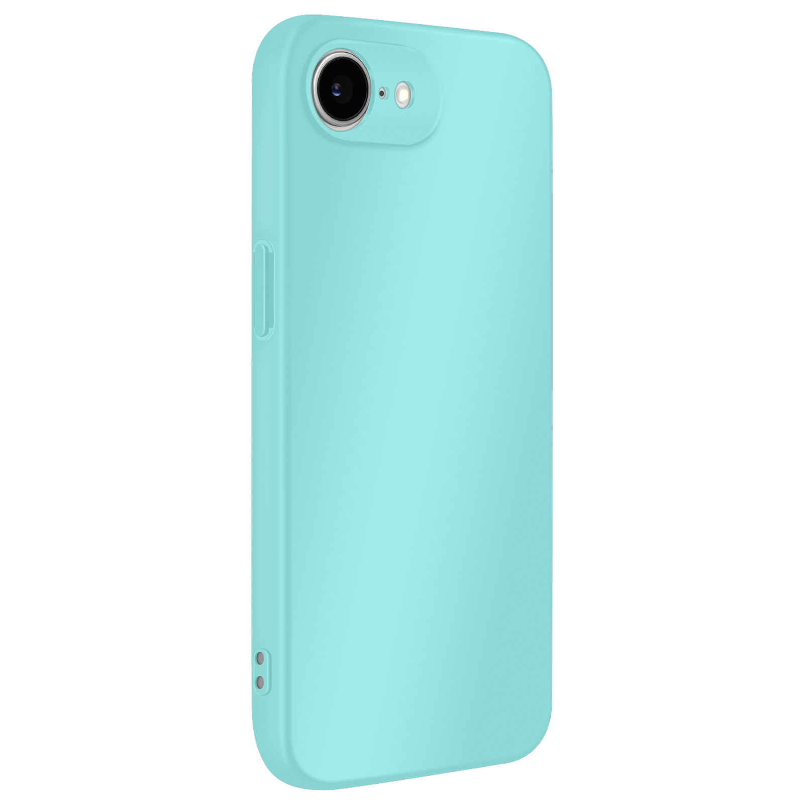 Une coque de téléphone bleu clair. La coque a des découpes pour l'appareil photo et les boutons. Elle est sur fond blanc.