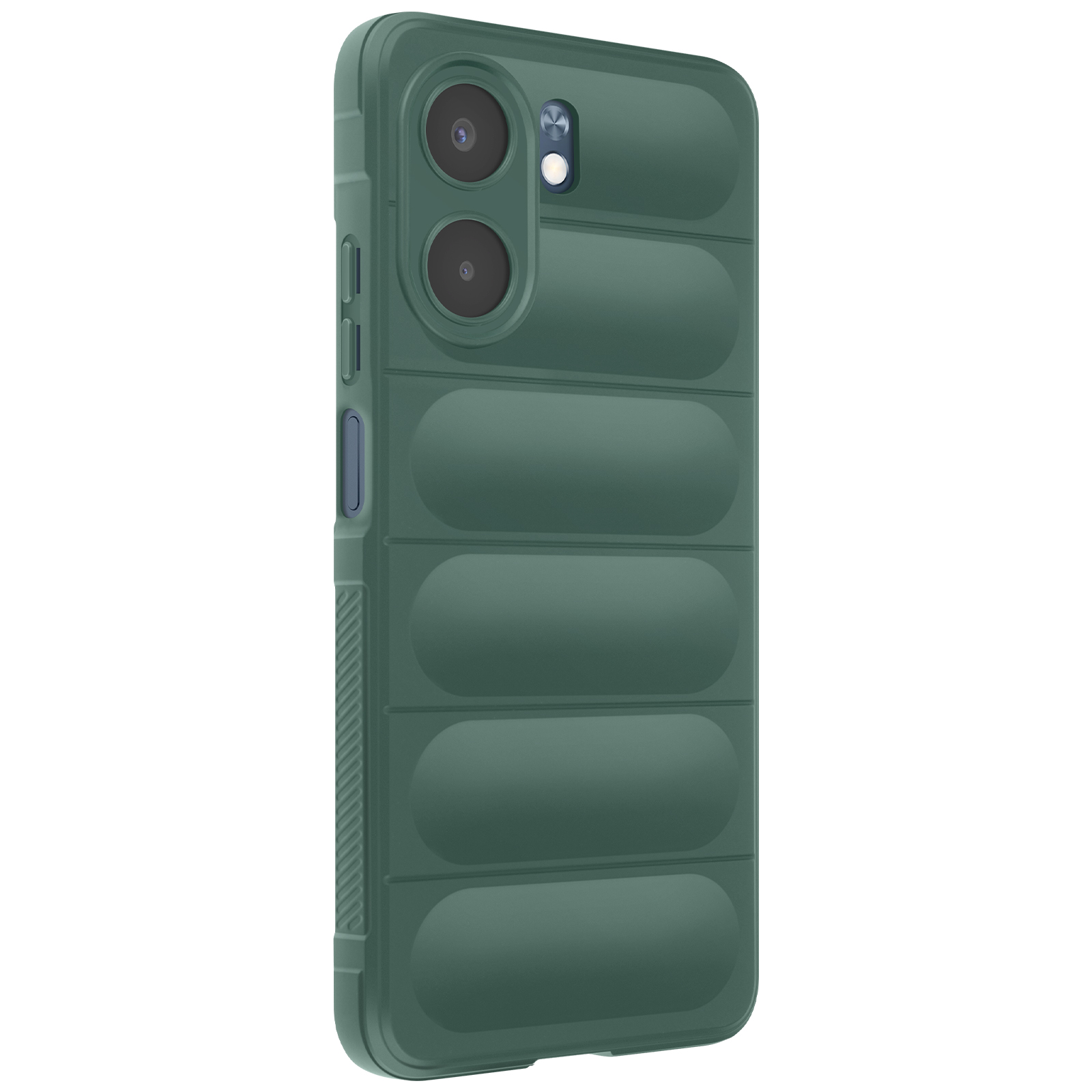 Una custodia verde per telefono con design trapuntato. Ha ritagli per la fotocamera e pulsanti. La custodia è verde unita.