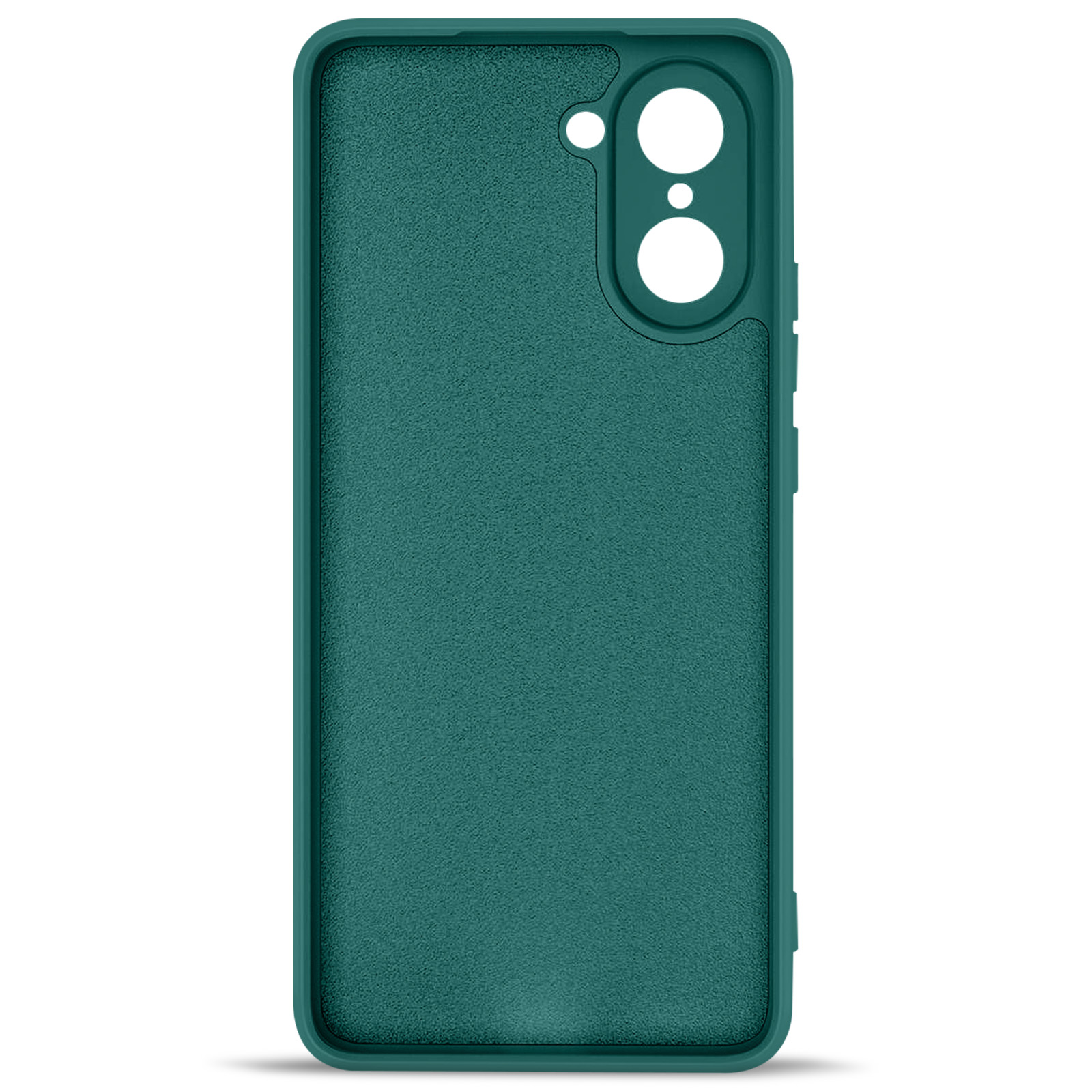 Teal telefoonhoesje met een textuur en camera-uitsparingen, tegen een witte achtergrond.