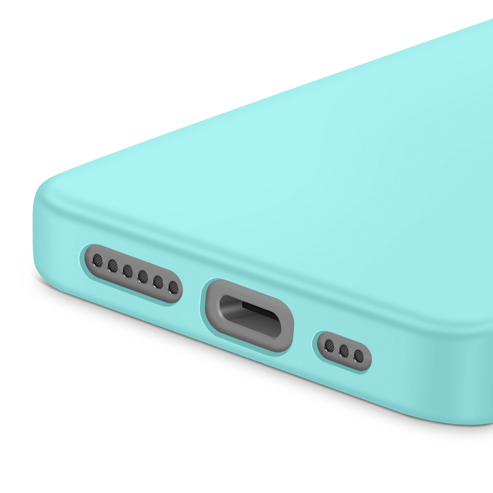 Gros plan sur une coque de téléphone bleu-vert. Elle comporte des trous pour haut-parleurs et un port de charge. Le fond est blanc.