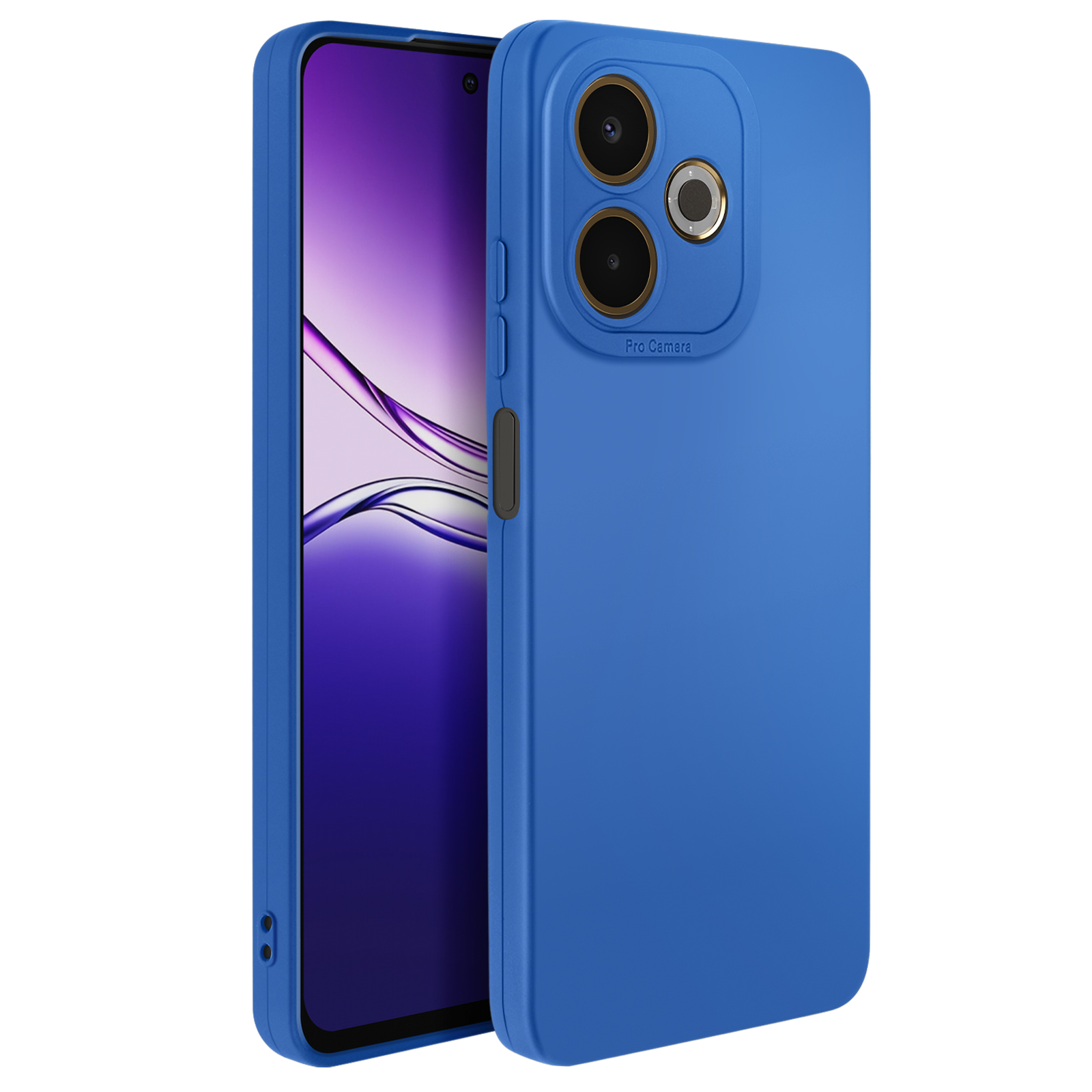 Een blauwe telefoon in een blauwe hoes. Het scherm toont een paarse afbeelding. De hoes heeft cameralenzen en knoppen.