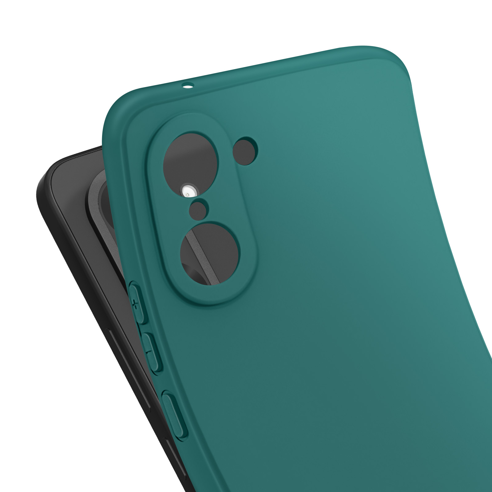 Een teal telefoonhoes bedekt gedeeltelijk een zwarte telefoon. De hoes heeft uitsparingen voor de camera en zijknoppen.