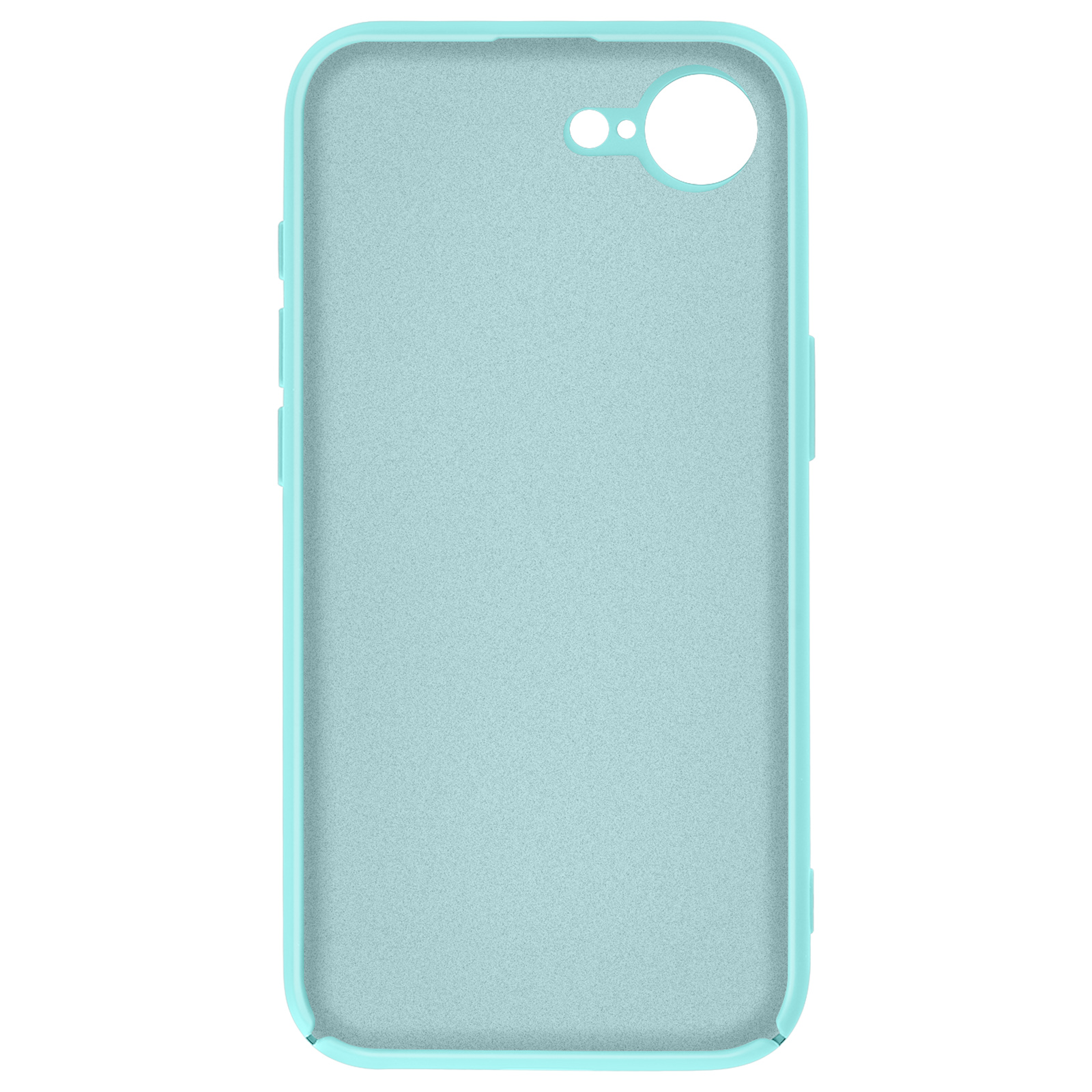 Coque de téléphone bleu clair avec trou pour appareil photo et boutons. Le fond est blanc.