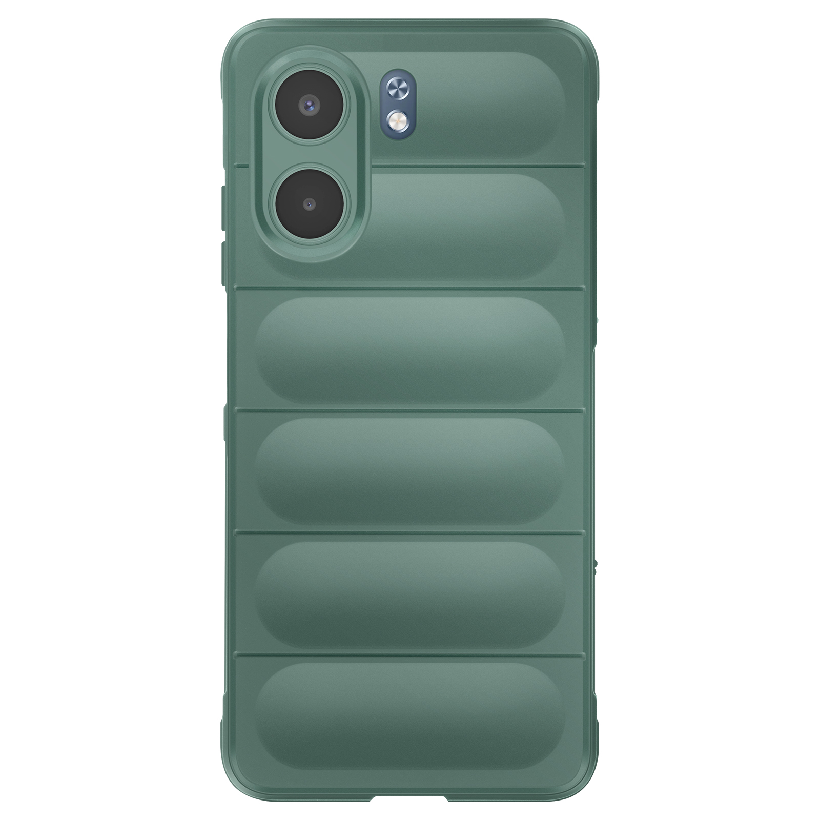 Una custodia verde per telefono con un design trapuntato. Ha una sezione fotocamera con due lenti e un flash.