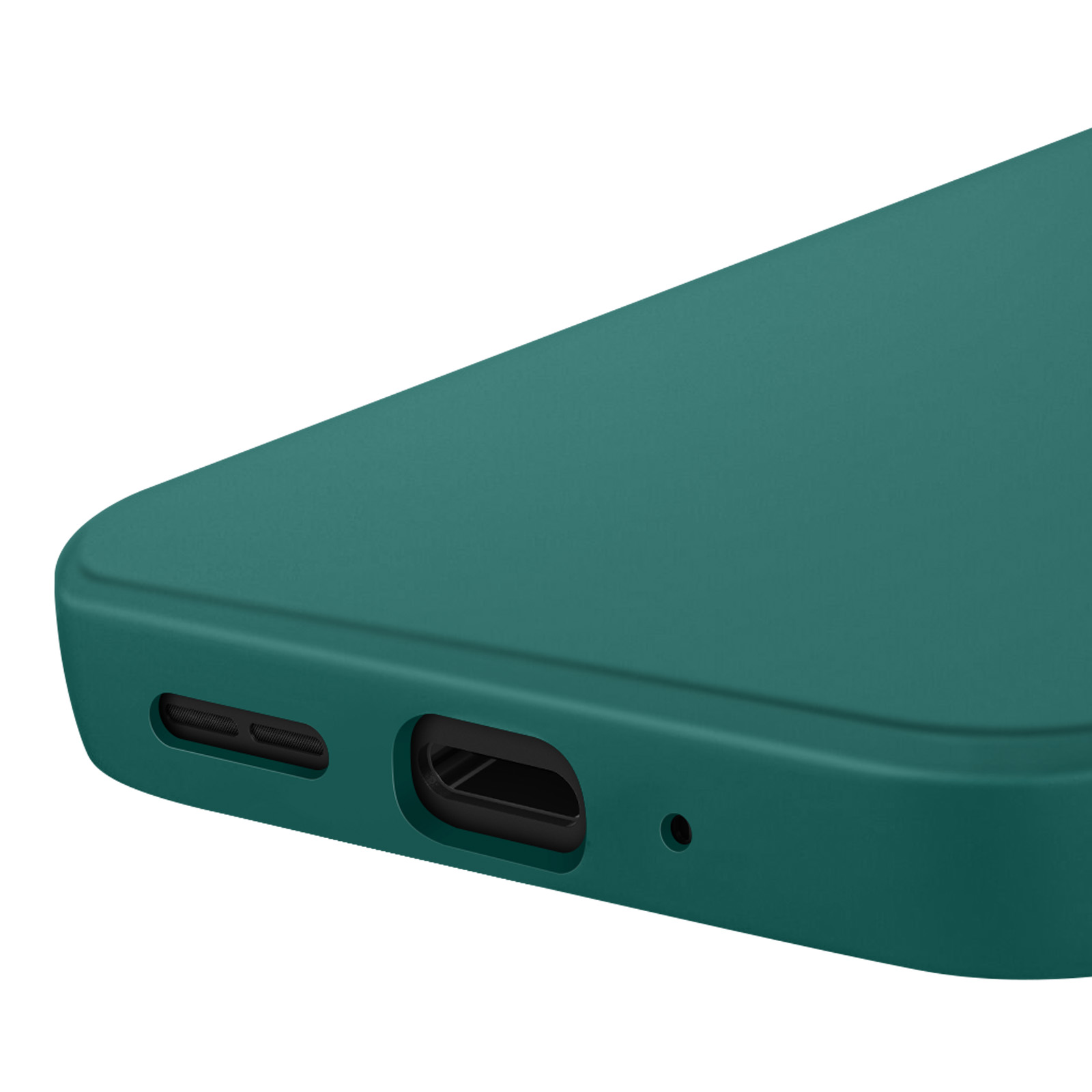 Close-up van een teal telefoonhoesje met de onderkant met poort- en luidsprekergaten tegen een witte achtergrond.