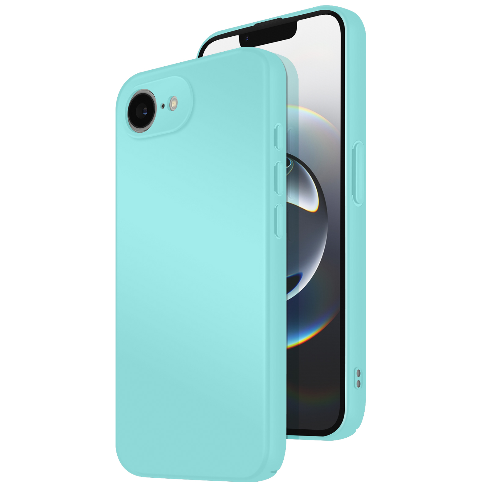 Un étui de téléphone bleu clair est ouvert, montrant l'écran d'un smartphone. L'étui est à gauche.