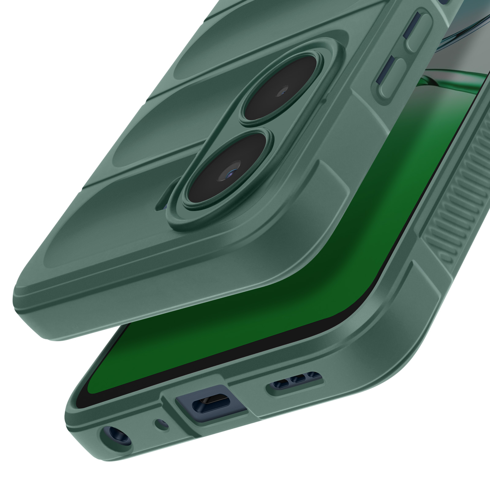 Una custodia verde per telefono con due obiettivi della fotocamera è aperta, rivelando lo schermo verde del telefono. Lo sfondo è bianco.