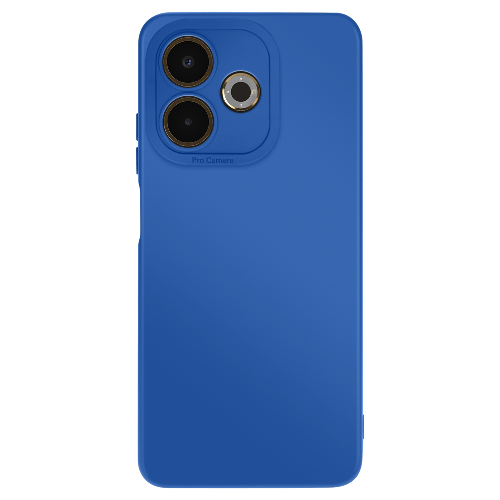 Blauwe telefoonhoes met drie cameralenzen. De hoes is effen blauw met tekst 'Pro Camera'.