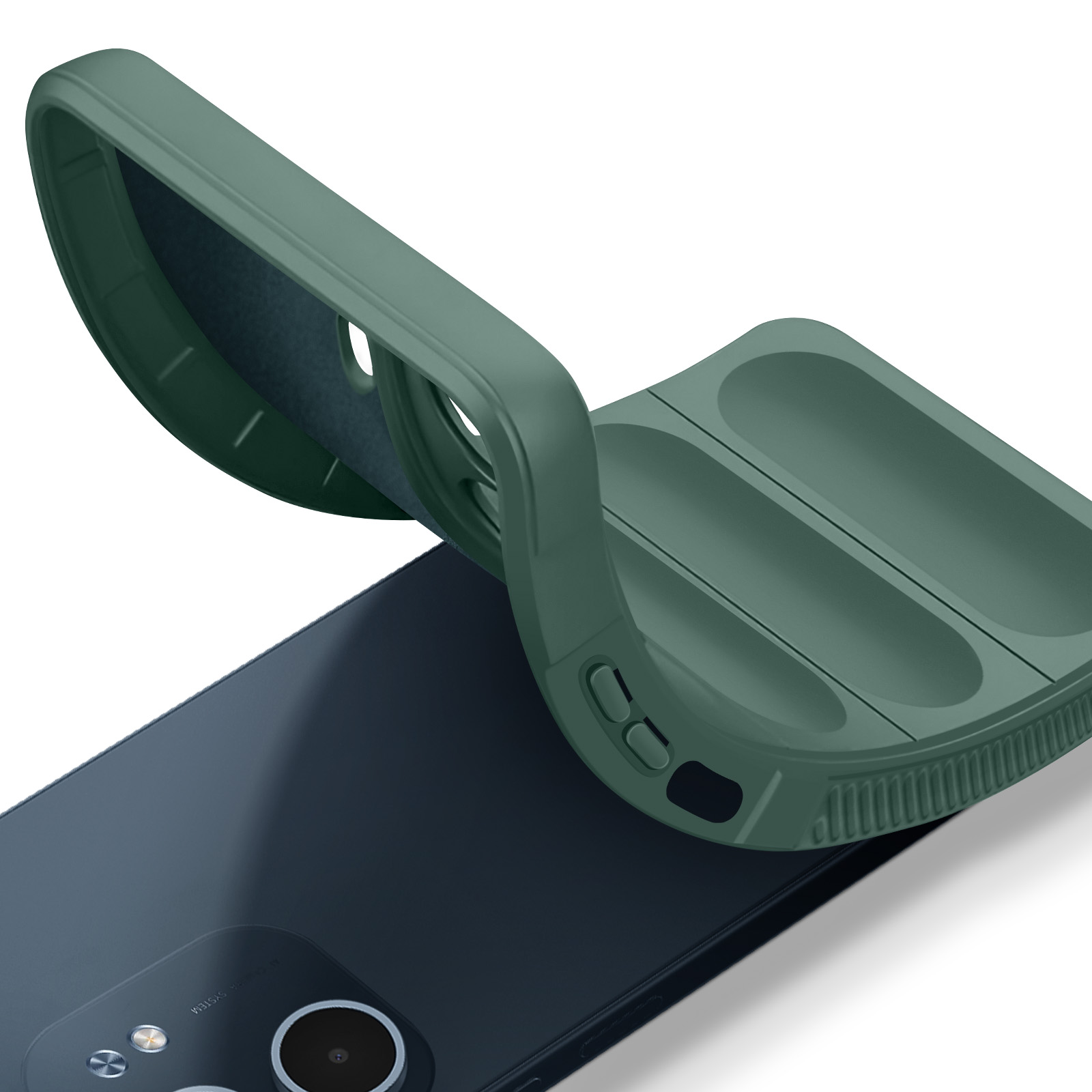 Una custodia verde scuro copre parzialmente un telefono blu scuro. La custodia è aperta, rivelando la fotocamera e i pulsanti.