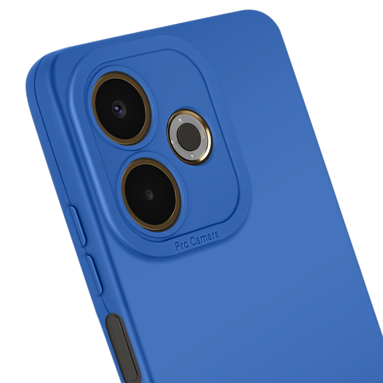 Close-up van een blauwe telefoonhoes met drie cameralenzen. De hoes heeft een matte afwerking en de tekst 'Pro Camera'.