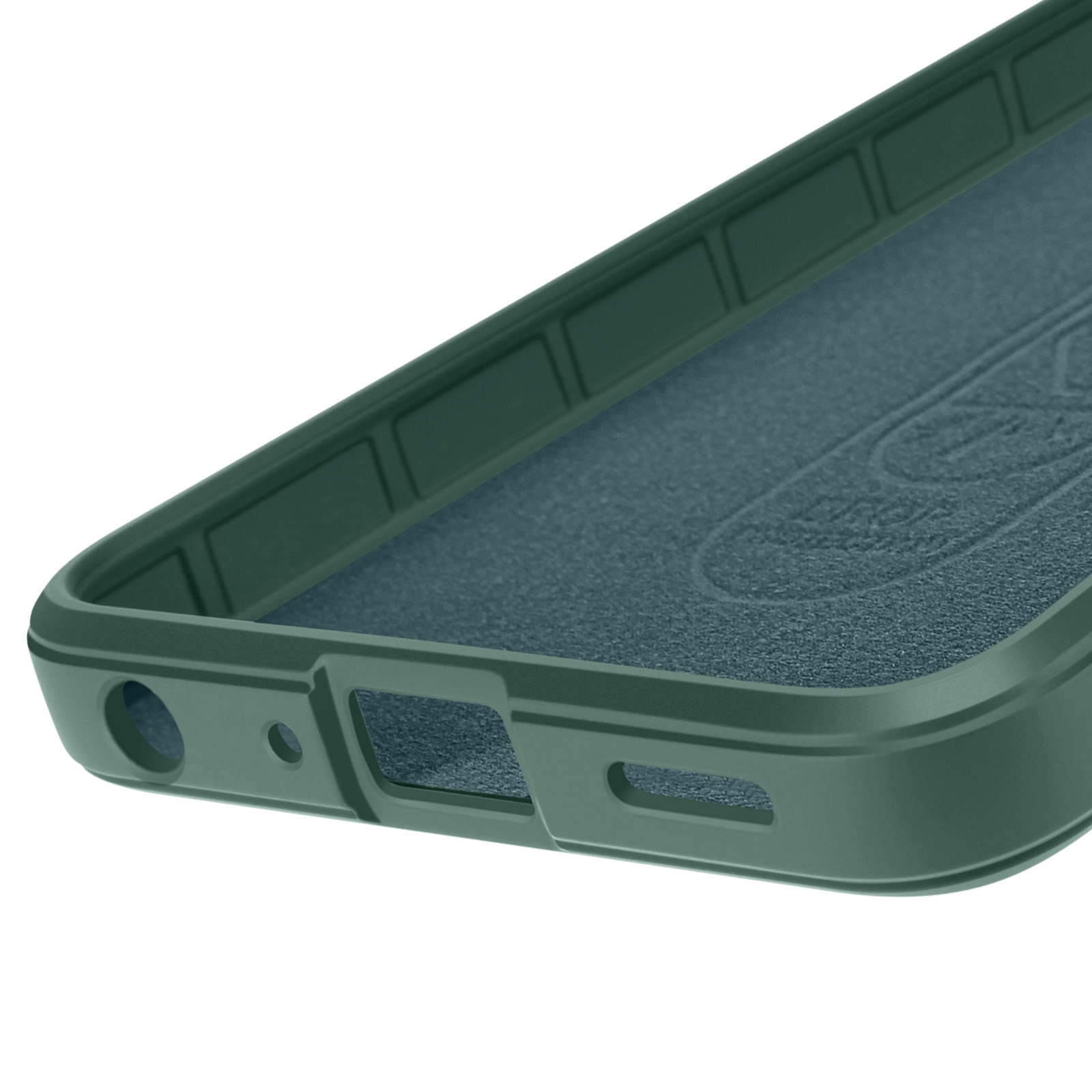 Primo piano di una custodia verde per telefono. Mostra il bordo con ritagli per pulsanti, porte e fotocamera. Sfondo bianco.