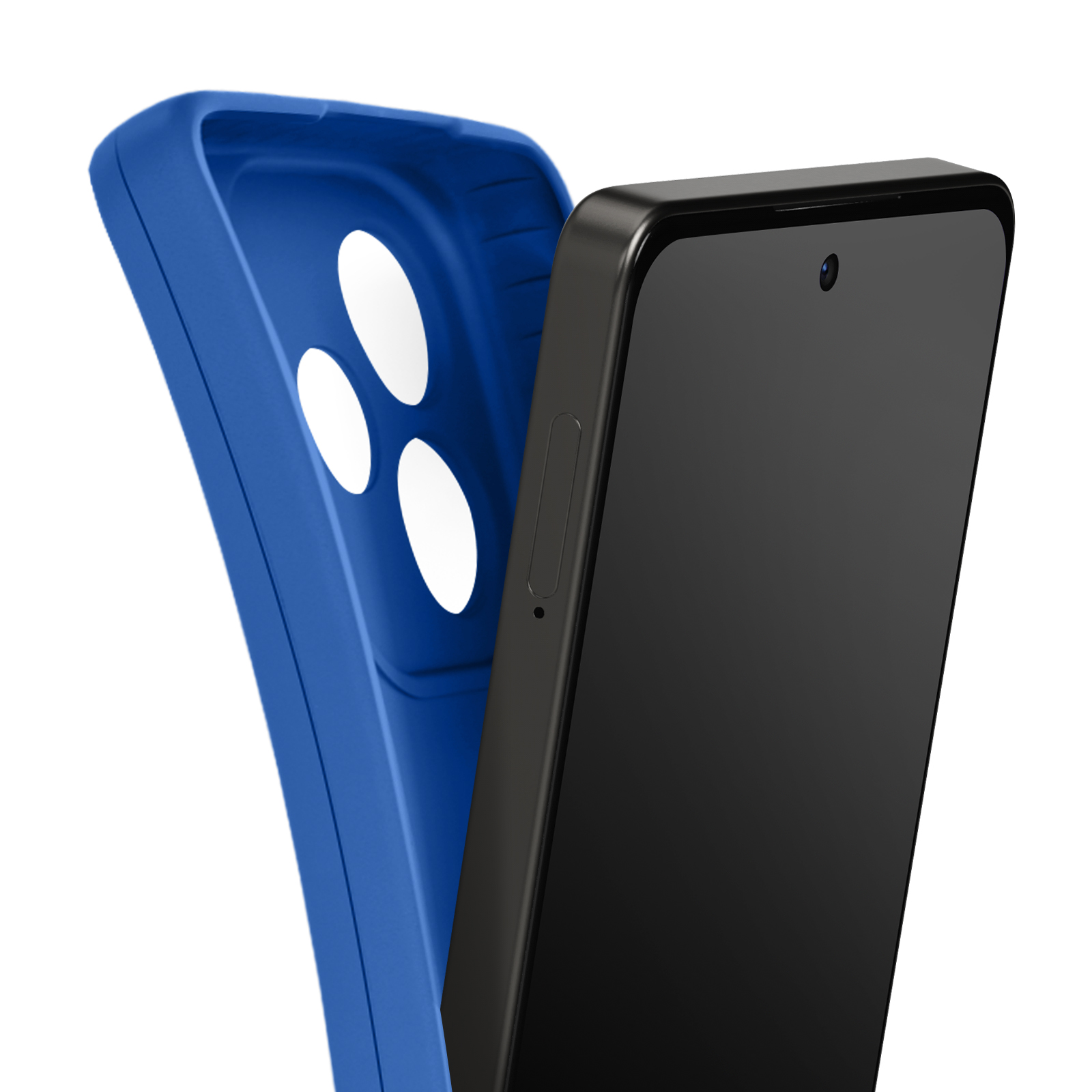 Een zwarte smartphone ligt naast een blauwe telefoonhoes. De hoes heeft drie witte cameragaten.
