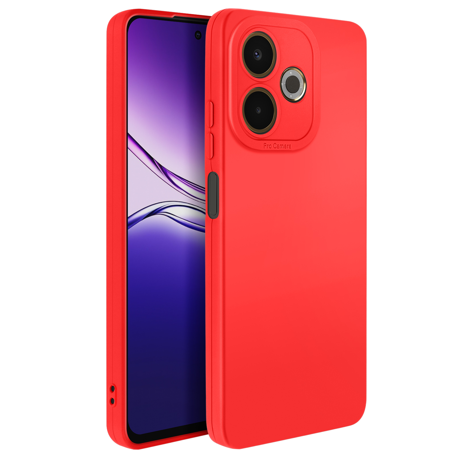 Coque de téléphone rouge avec un téléphone à l'intérieur. L'écran du téléphone est visible. Possède trois objectifs. Texte Pro Camera en dessous.