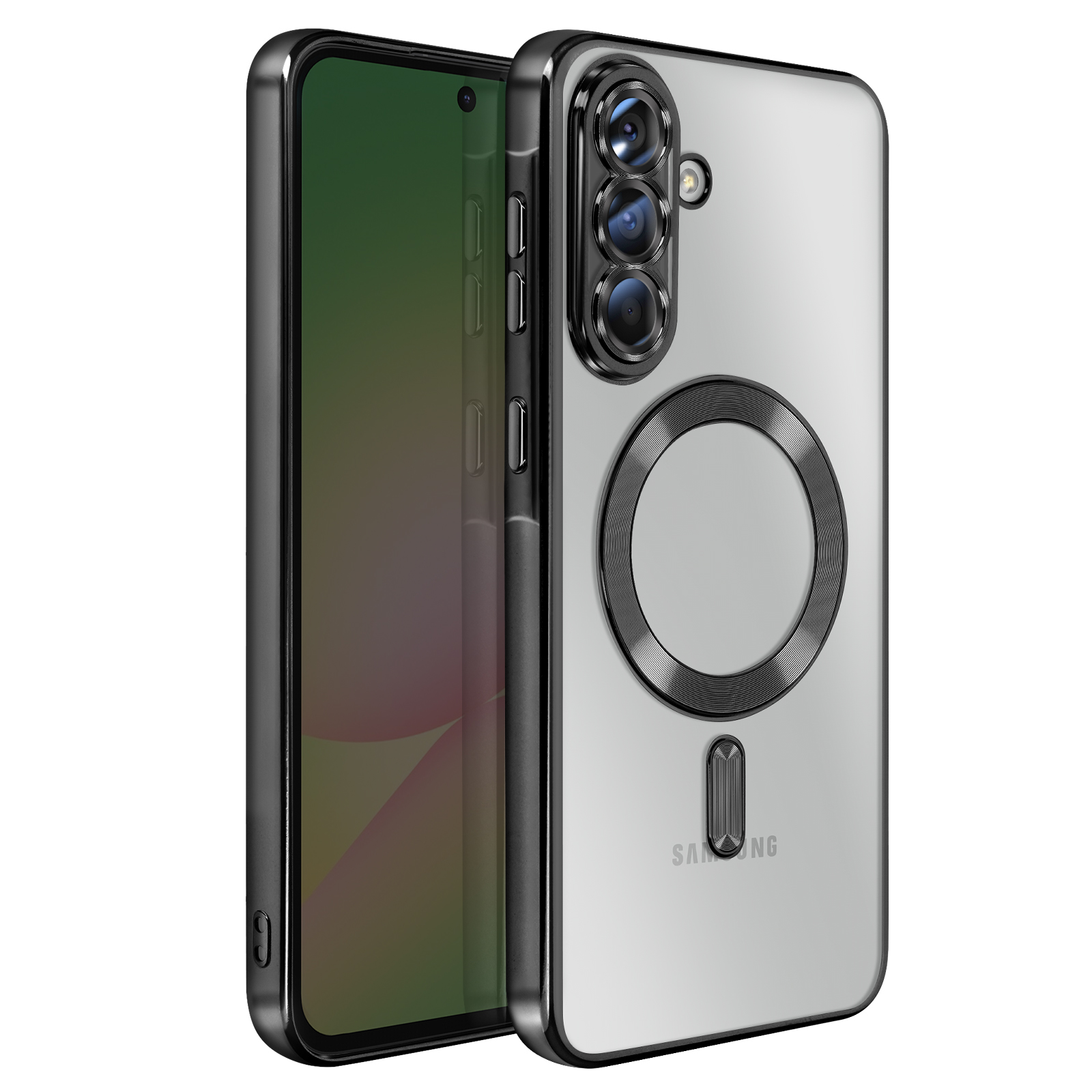 Une coque transparente avec des bordures noires et un anneau magnétique. Le téléphone a un dégradé de couleurs.