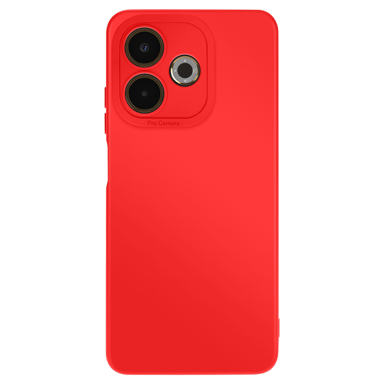 Une coque de téléphone rouge avec trois lentilles de caméra et un flash. La coque est simple et porte l'étiquette 'Pro Camera'.