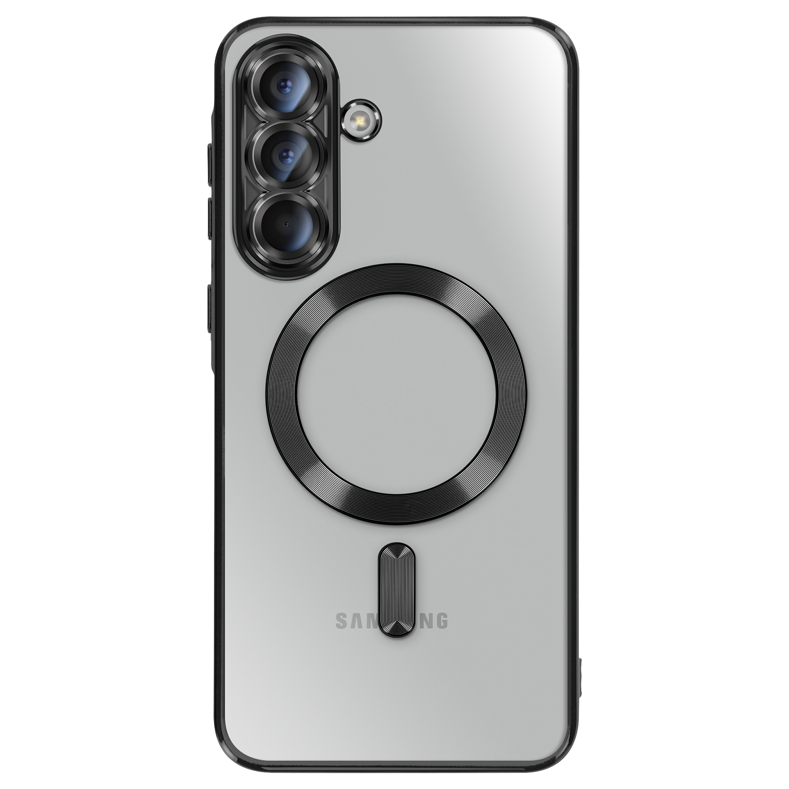Coque transparente pour téléphone Samsung avec plusieurs lentilles de caméra et un anneau noir au milieu.