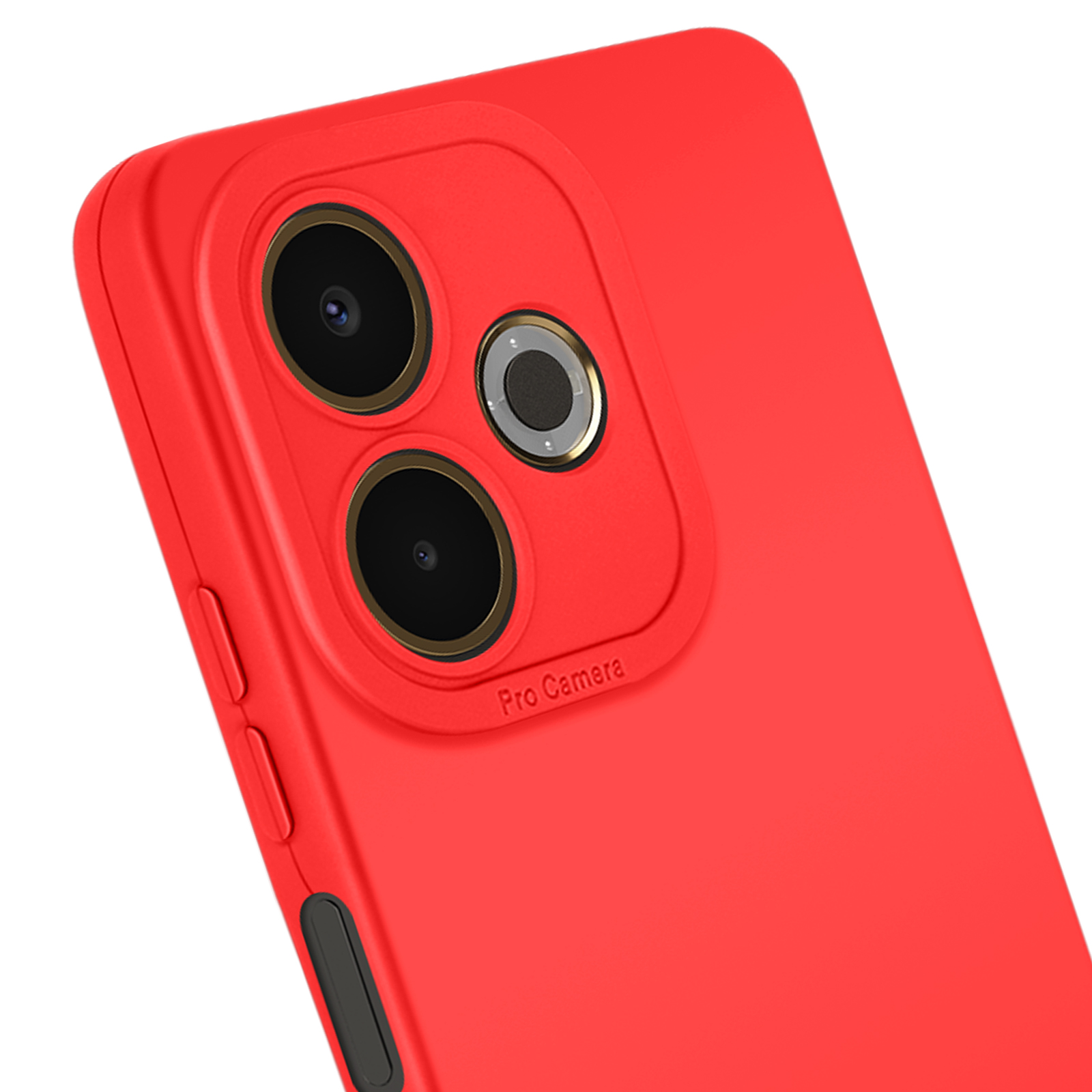 Coque de téléphone rouge avec trois objectifs. Le texte 'Pro Camera' est visible. Le fond est blanc.