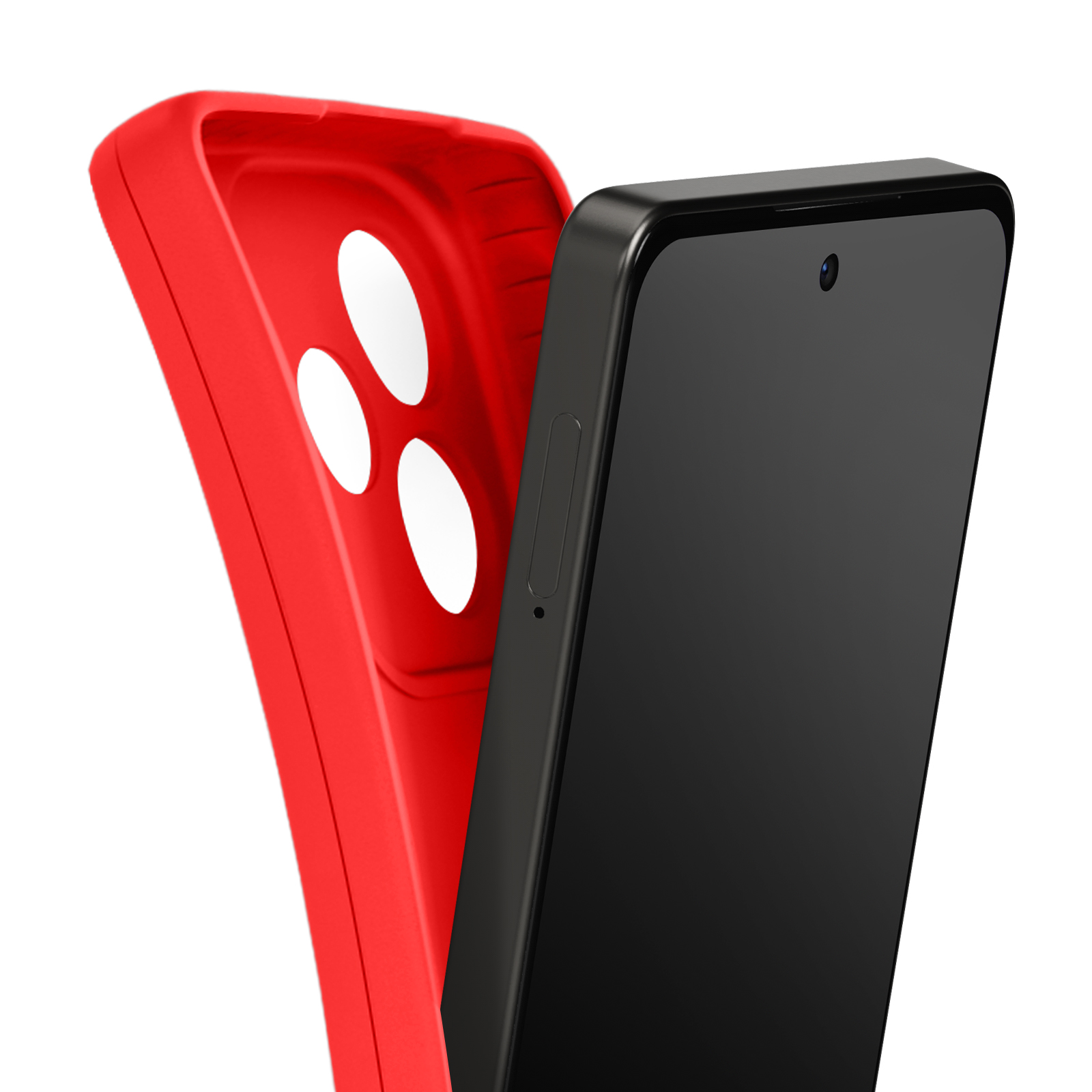 Un smartphone noir est à côté d'une coque rouge avec trois cercles blancs. Le fond est blanc.