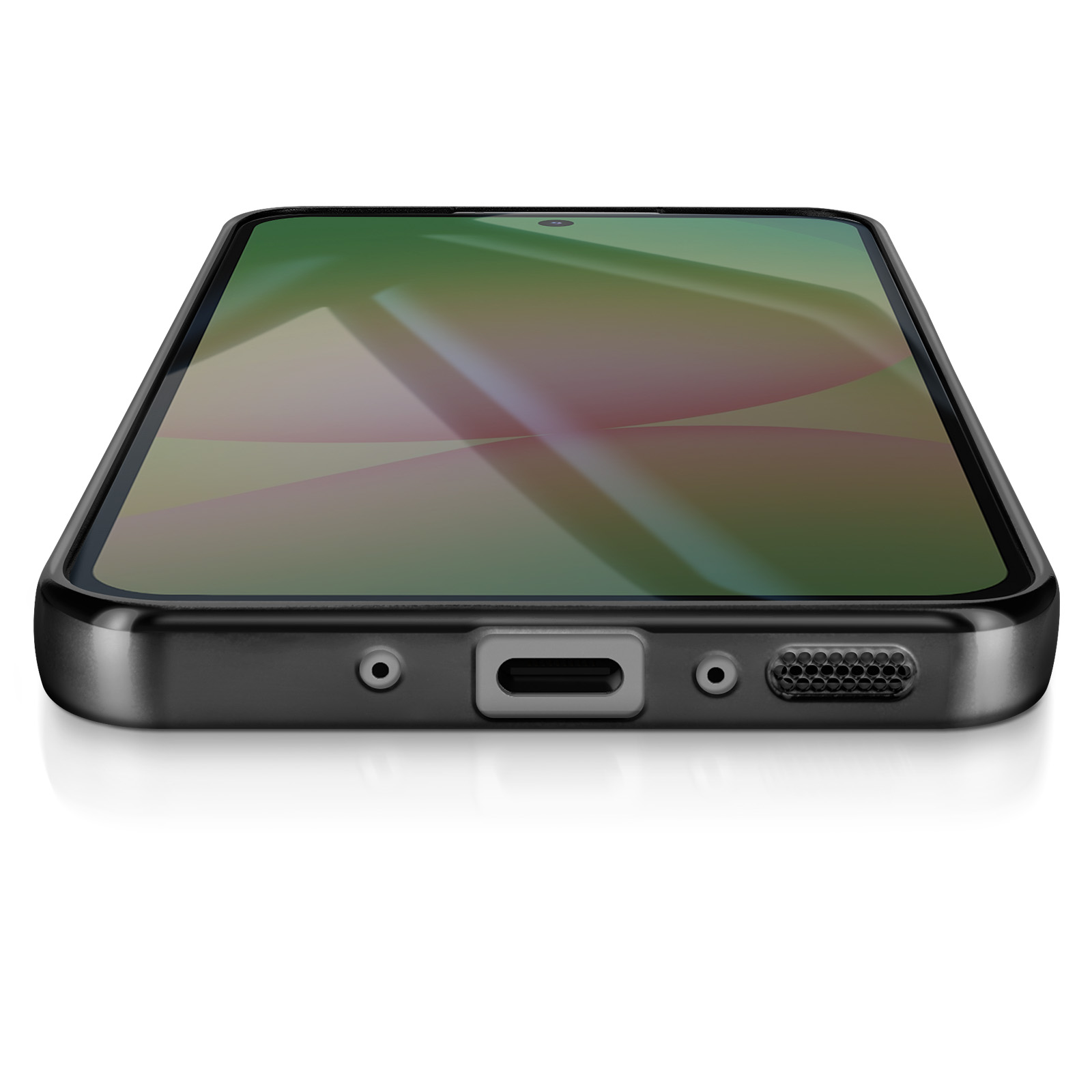 Un smartphone noir est sur une surface blanche. L'écran présente un design abstrait coloré.
