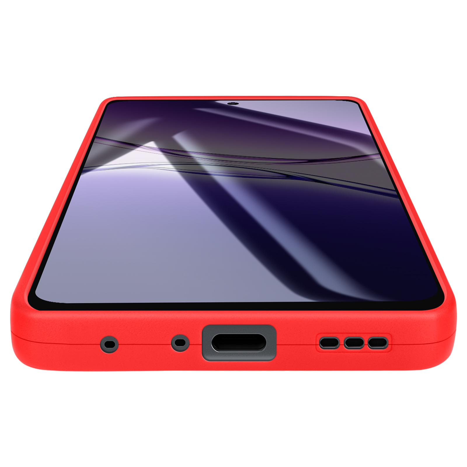 Un téléphone rouge avec un écran noir. Le téléphone est incliné. Le fond est blanc.