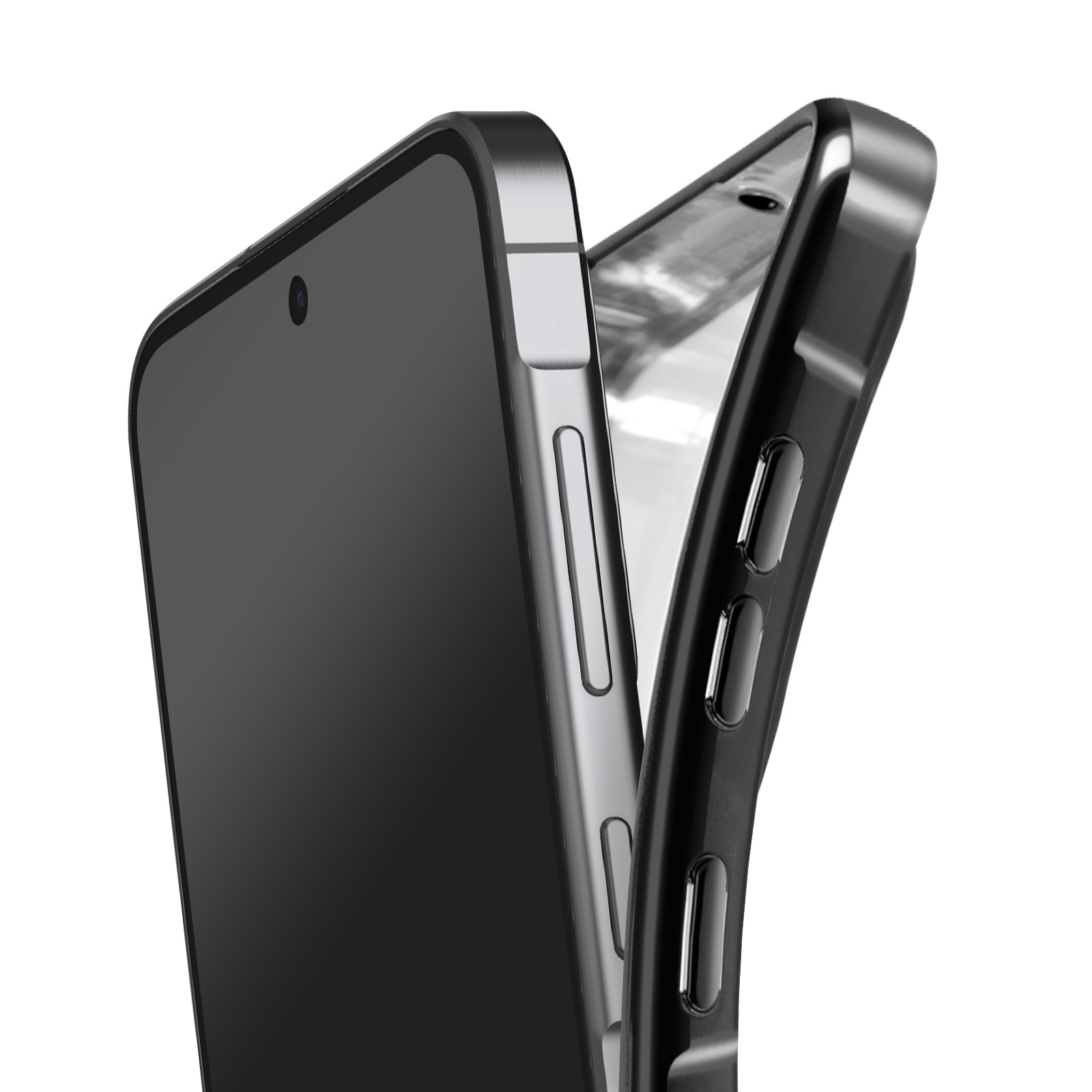 Gros plan d'un téléphone avec écran noir. Une coque transparente et noire est à côté. Le téléphone est argenté et la coque a des boutons.