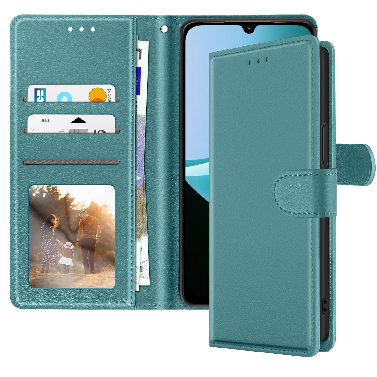 Funda de teléfono turquesa abierta, revelando tarjetas, dinero y un teléfono. Foto familiar a la izquierda.