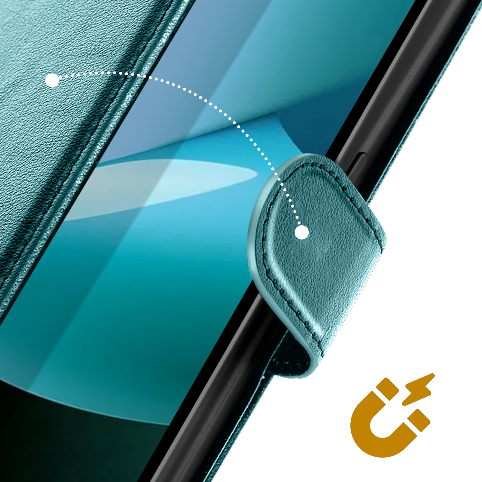 Primer plano de una funda de teléfono turquesa con cierre magnético. Línea punteada muestra conexión magnética. Icono de imán dorado.