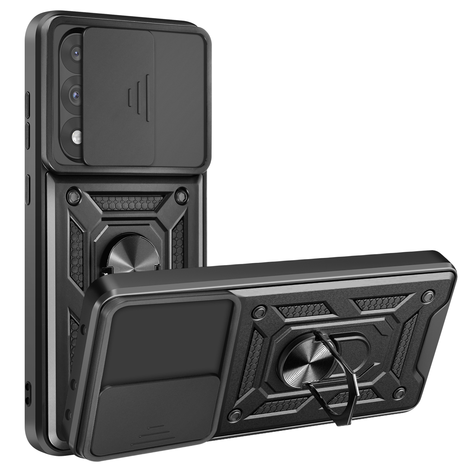 Coque de téléphone noire avec cache caméra coulissant et support d'anneau. L'étui est sur fond blanc.