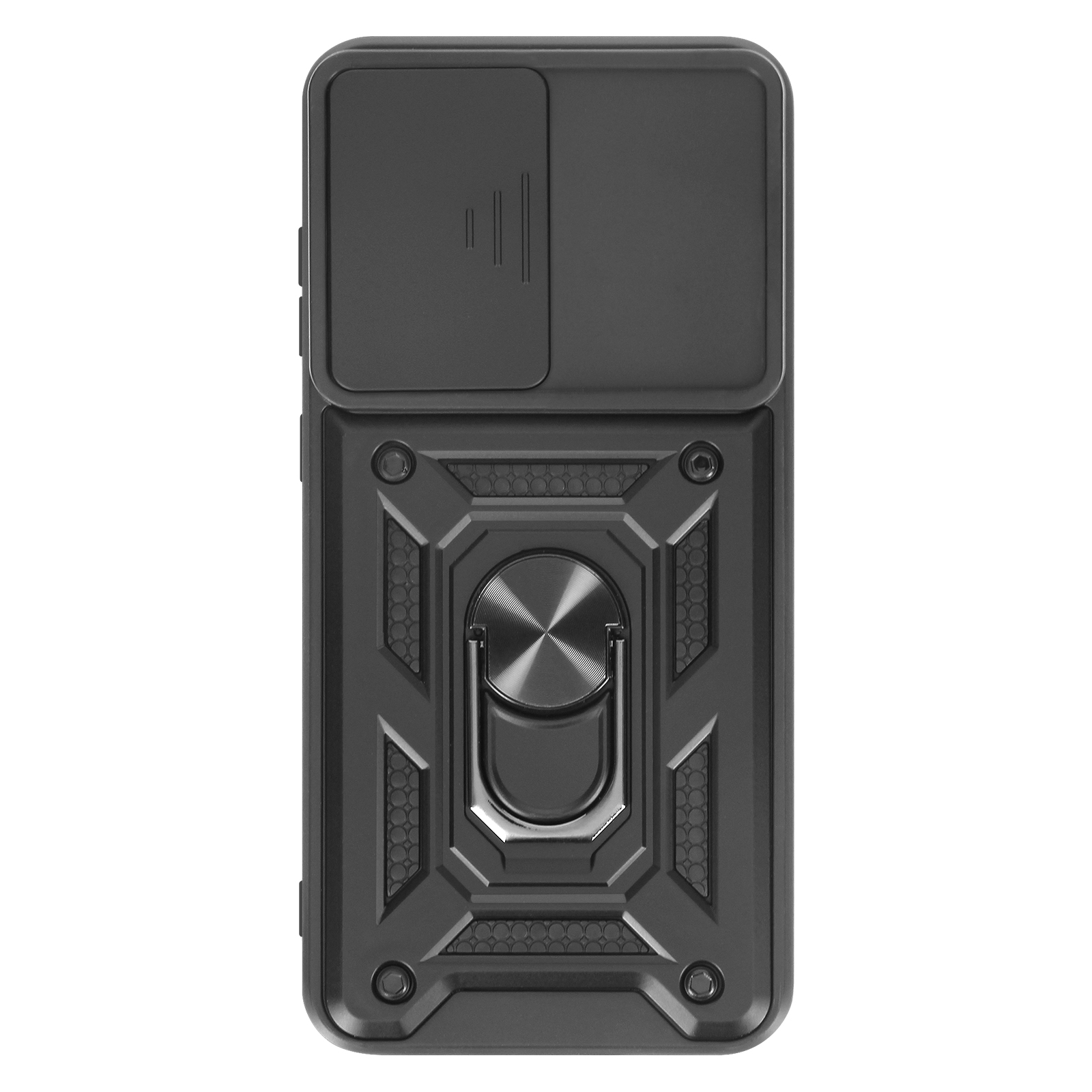 Coque de téléphone noire avec cache caméra coulissant et support à anneau sur fond blanc.