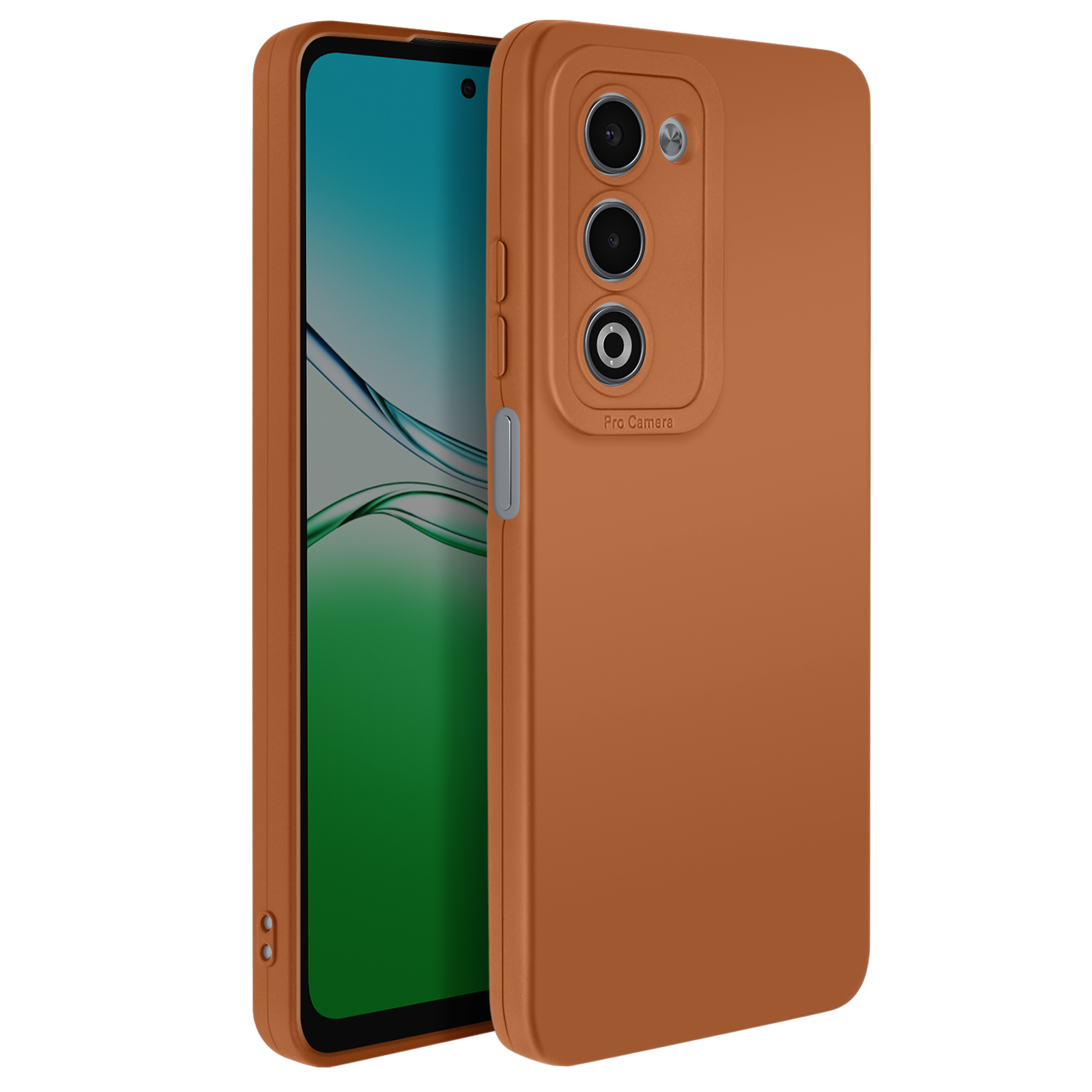 Une coque de téléphone marron avec un téléphone à l'intérieur, affichant l'écran. La coque a une bosse de caméra avec trois lentilles.