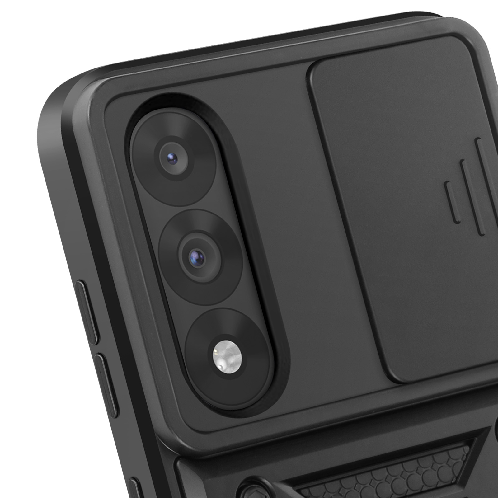 Gros plan sur un étui de téléphone noir avec des lentilles d'appareil photo et un cache coulissant. L'étui a un design robuste.