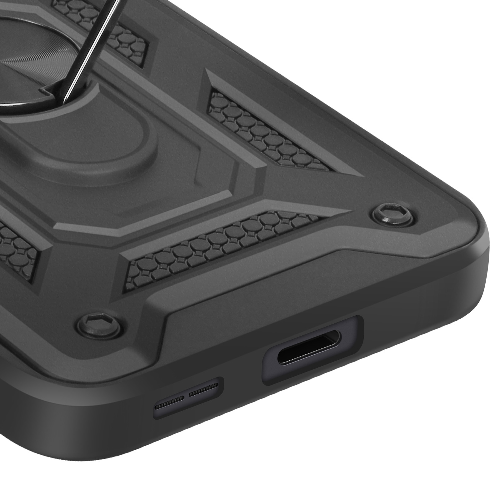 Gros plan d'une coque de téléphone noire avec un support de bague argenté et un design texturé. Possède un port de charge.