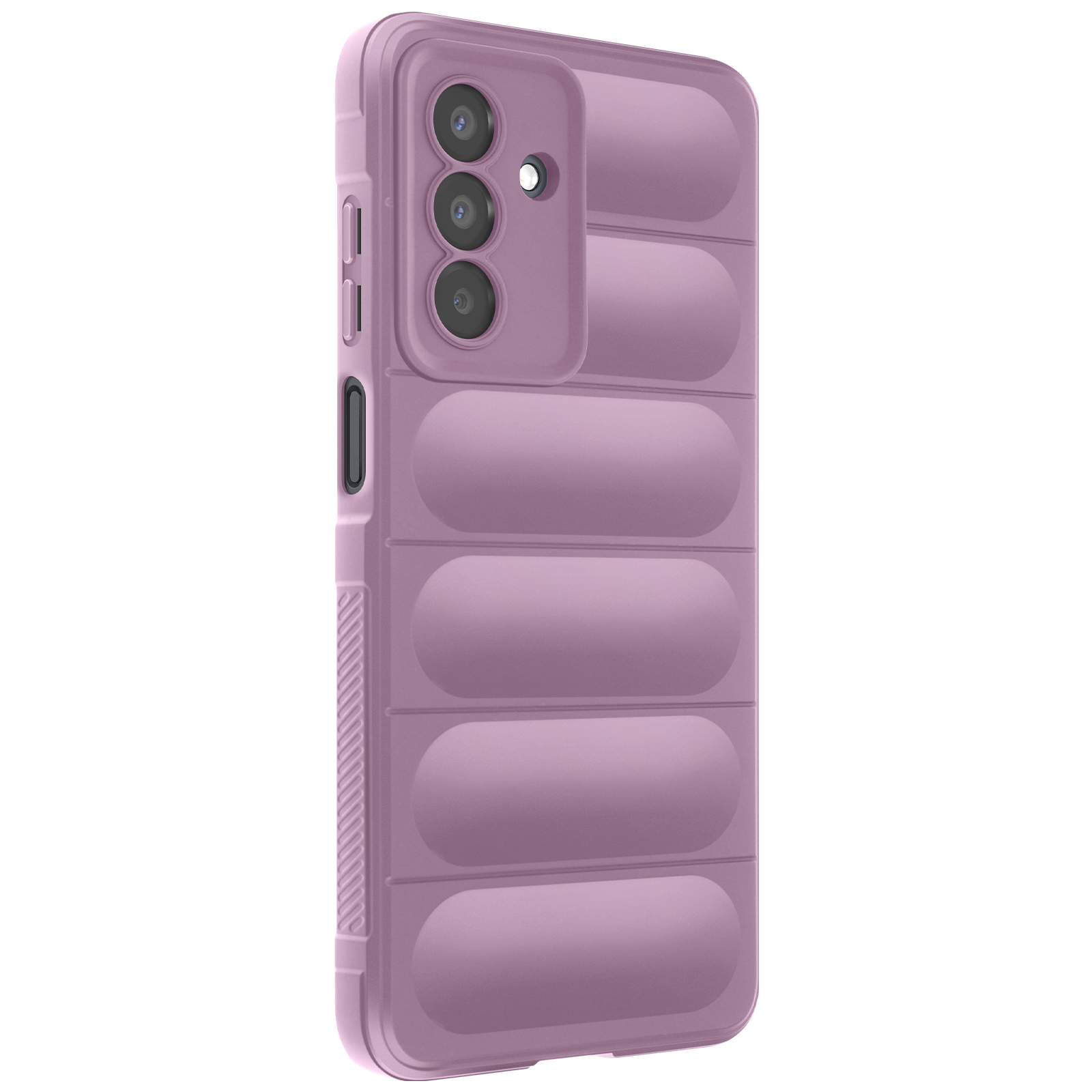 Una custodia per telefono lilla con modulo fotocamera. Ha un design imbottito e trapuntato. I pulsanti del volume e di accensione sono sul lato.